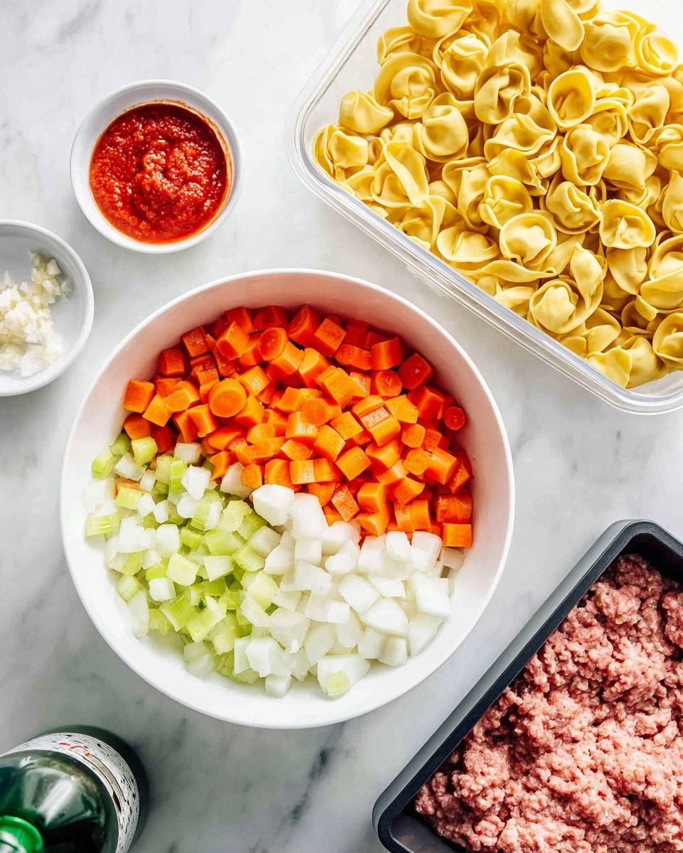 A white bowl filled with three layers of chopped vegetables, with bright orange diced carrots on the right side, chopped white onions in the middle, and light green celery pieces on the left; next to it on a white marbled surface is a clear plastic container full of yellow tortellini pasta; two small white bowls hold red tomato paste and finely chopped garlic, placed near the bowl with vegetables; a black container in the bottom right corner contains uncooked ground meat with visible pink stripes; a green bottle is partially visible at the bottom left corner, all arranged neatly and brightly lit; photo taken with an iphone --ar 4:5 --v 7