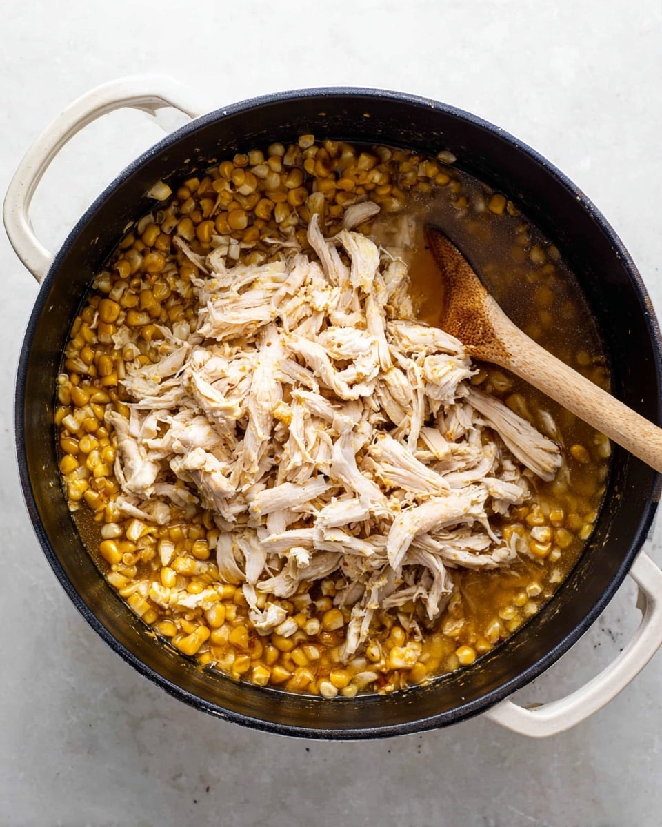 Inside a black pot on a white marbled surface, there is a base layer of small, dark golden roasted corn kernels spread evenly, soaked in a light brown broth. On top of this, a thick layer of shredded pale beige chicken fills the center, covering most of the corn beneath. A wooden spoon is partially submerged on the right side of the pot, slightly mixing the ingredients. The clean white pot handles peek out on each side, creating contrast with the black pot edge. Photo taken with an iphone --ar 4:5 --v 7