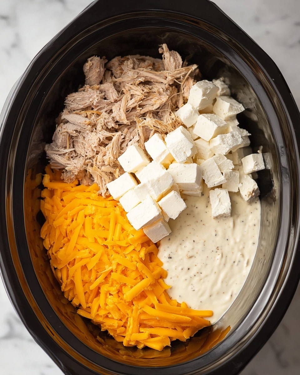 Inside a black slow cooker, there are four layers of ingredients. On the top left, there is shredded light brown meat. Below it, white soft cream cheese cubes are stacked. To the right of the cream cheese, there is a smooth, creamy white sauce with specks of black pepper. At the bottom, bright orange shredded cheddar cheese fills the space. The slow cooker sits on a white marbled surface. photo taken with an iphone --ar 4:5 --v 7