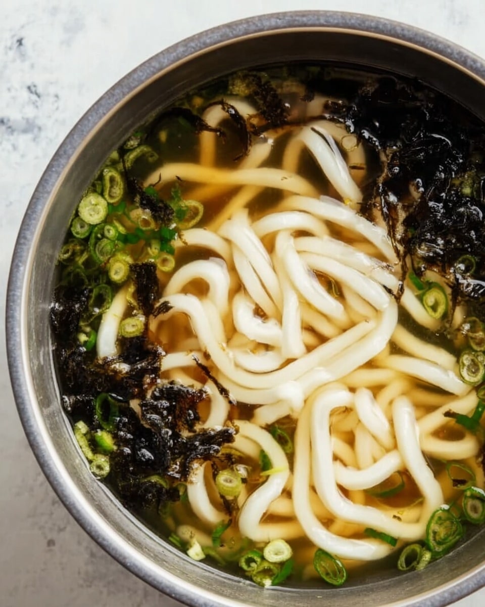 A gray pot filled with clear broth soup, floating three blocks of thick white udon noodles near the center. The broth has small green onion rings and dark bits of seaweed scattered throughout. The soup surface shows a slight oil shine, and the pot sits on a white marbled surface. photo taken with an iphone --ar 4:5 --v 7