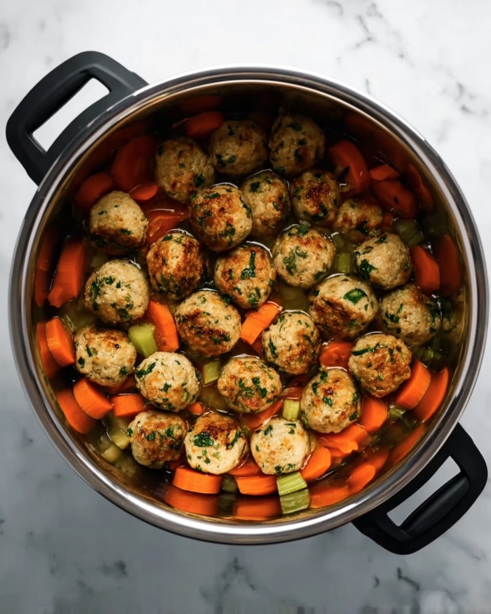 Inside a silver cooking pot with black handles, there are two layers of food. The bottom layer shows chopped bright orange carrot slices mixed with small pieces of green vegetables, likely celery. On top, there is a layer of small round meatballs that have a golden brown color with bits of green herbs visible on their surface. The pot sits on a white marbled surface. photo taken with an iphone --ar 4:5 --v 7