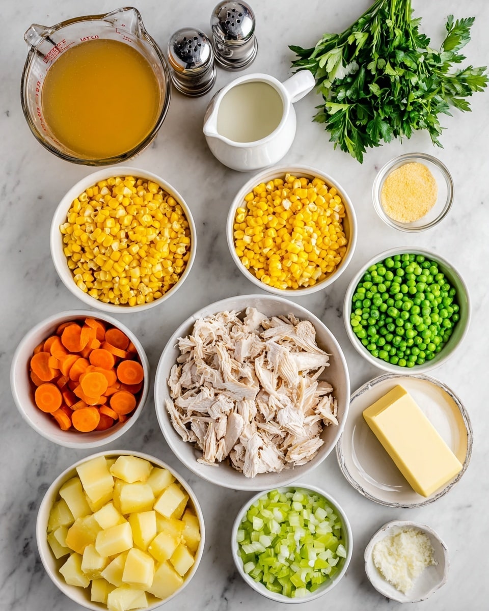 The image shows a collection of ingredients neatly arranged in white bowls on a white marbled surface. There are eleven bowls in total, each filled with different ingredients: the largest bowl holds shredded light brown cooked chicken pieces in the center; around it, clockwise starting from top left, are bright yellow corn kernels, green frozen peas, orange sliced carrots, light brown liquid broth in a glass measuring jug, light yellow powder in a small bowl, small yellow minced garlic in a tiny white bowl, pale liquid in a small white bowl, chopped green celery in a medium bowl, diced white onion in a smaller bowl, yellow diced potatoes in a large bowl, and a stick of pale yellow butter on a small plate. There is also a bunch of fresh green parsley leaves and a white pitcher of cream. Two metal shakers, likely for salt and pepper, are beside the broth jug. All bowls and ingredients are clean and well organized. photo taken with an iphone --ar 4:5 --v 7