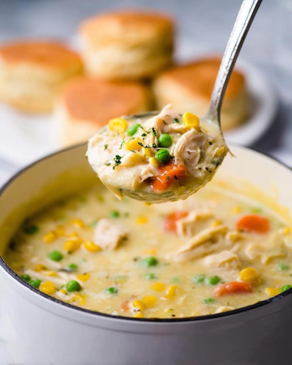 The image shows a large white pot filled with creamy chicken and vegetable soup. The soup has a thick, light yellow base with chunks of chicken, orange carrot pieces, bright green peas, and yellow corn kernels mixed evenly throughout. A silver ladle is lifting a full scoop of the soup above the pot, showing the different ingredients clearly. In the blurred background, there are round golden brown biscuits placed on white plates sitting on a white marbled surface. The focus is sharp on the ladle and soup, showing the smooth, rich texture and fresh colors of the vegetables. Photo taken with an iphone --ar 4:5 --v 7