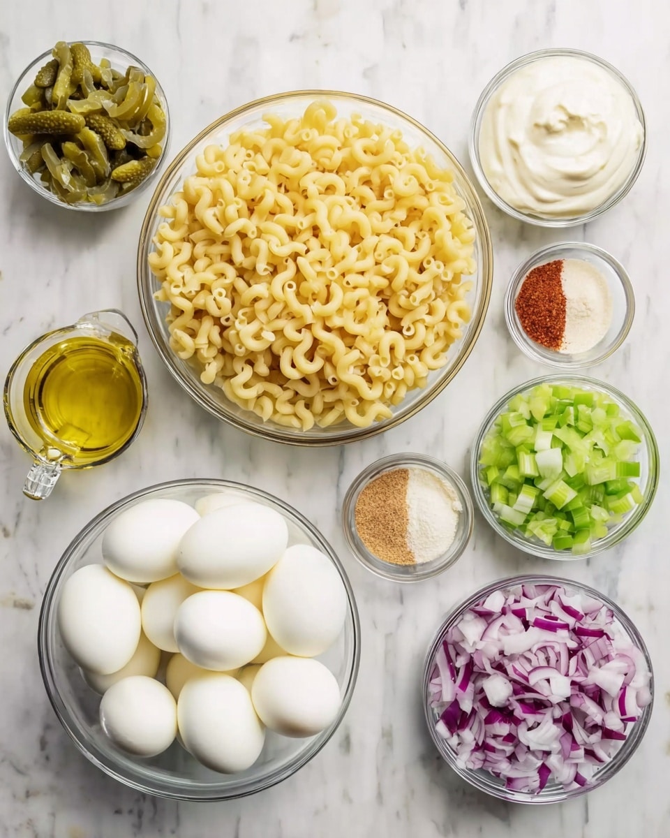 The image shows several clear glass bowls arranged on a white marbled surface. At the bottom center, a large bowl is filled with peeled hard-boiled eggs, smooth and white. Above it, a big bowl holds dry elbow macaroni pasta, yellow and curved. To the right of the pasta, two medium bowls contain chopped celery, bright green, and chopped red onions, purple with white layers. To the left of the eggs, a small bowl with chopped pickles, green with a glossy texture, sits near a tiny bowl that has a mix of powders: white, beige, and red spices. Above this is a bowl with a thick white creamy substance, likely mayonnaise, and next to it, a small bowl with a yellow mustard-like sauce. At the bottom left, a measuring cup holds a small amount of yellow oil. photo taken with an iphone --ar 4:5 --v 7