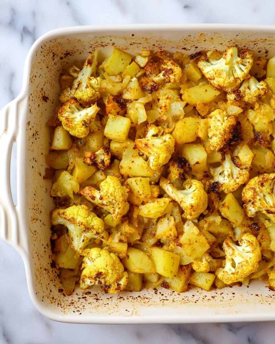 A white baking dish filled with one layer of roasted cauliflower florets and diced potatoes, both showing golden yellow color with some browned and crispy edges, mixed together and slightly charred in places. The vegetables have a textured surface coated with spices, giving a warm roasted look, and the inside of the baking dish shows some baked-on marks and slight browning. The dish sits on a white marbled surface. photo taken with an iphone --ar 4:5 --v 7
