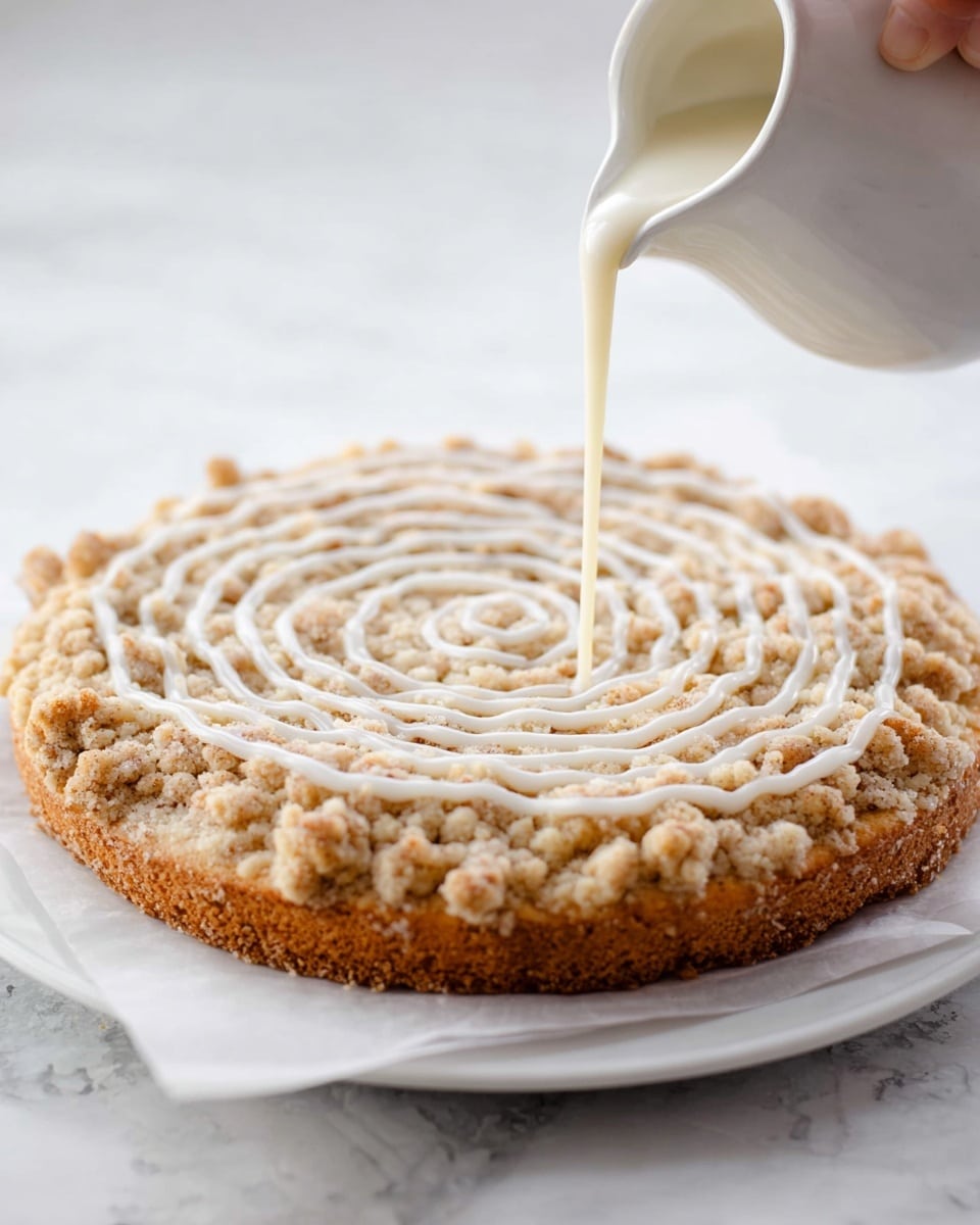 A round crumb cake with a golden brown, crumbly top layer covered in small, soft-looking crumbs sitting on white parchment paper on a round white plate. Over the crumb topping, there is a white icing drizzle being poured from a white pitcher, forming a spiral pattern starting from the center and spreading outwards. The texture of the crumb topping looks rough and bumpy, with some small darker spots from baking. The whole scene is set on a white marbled surface, with bright, soft lighting creating a clean and fresh look. photo taken with an iphone --ar 4:5 --v 7
