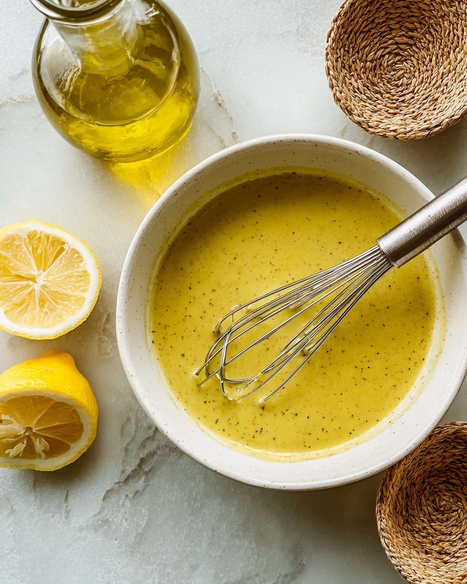 A white bowl filled with a smooth, light yellow sauce with tiny black pepper specks is in the center, and a metal whisk rests inside the sauce. Next to the bowl, there are two squeezed lemon halves showing soft pulp and juicy texture. To the left, a glass bottle with yellow olive oil sits on a white marbled surface. On the right side, two small woven baskets appear partially in the frame. The overall scene has soft light and a clean, simple look. photo taken with an iphone --ar 4:5 --v 7