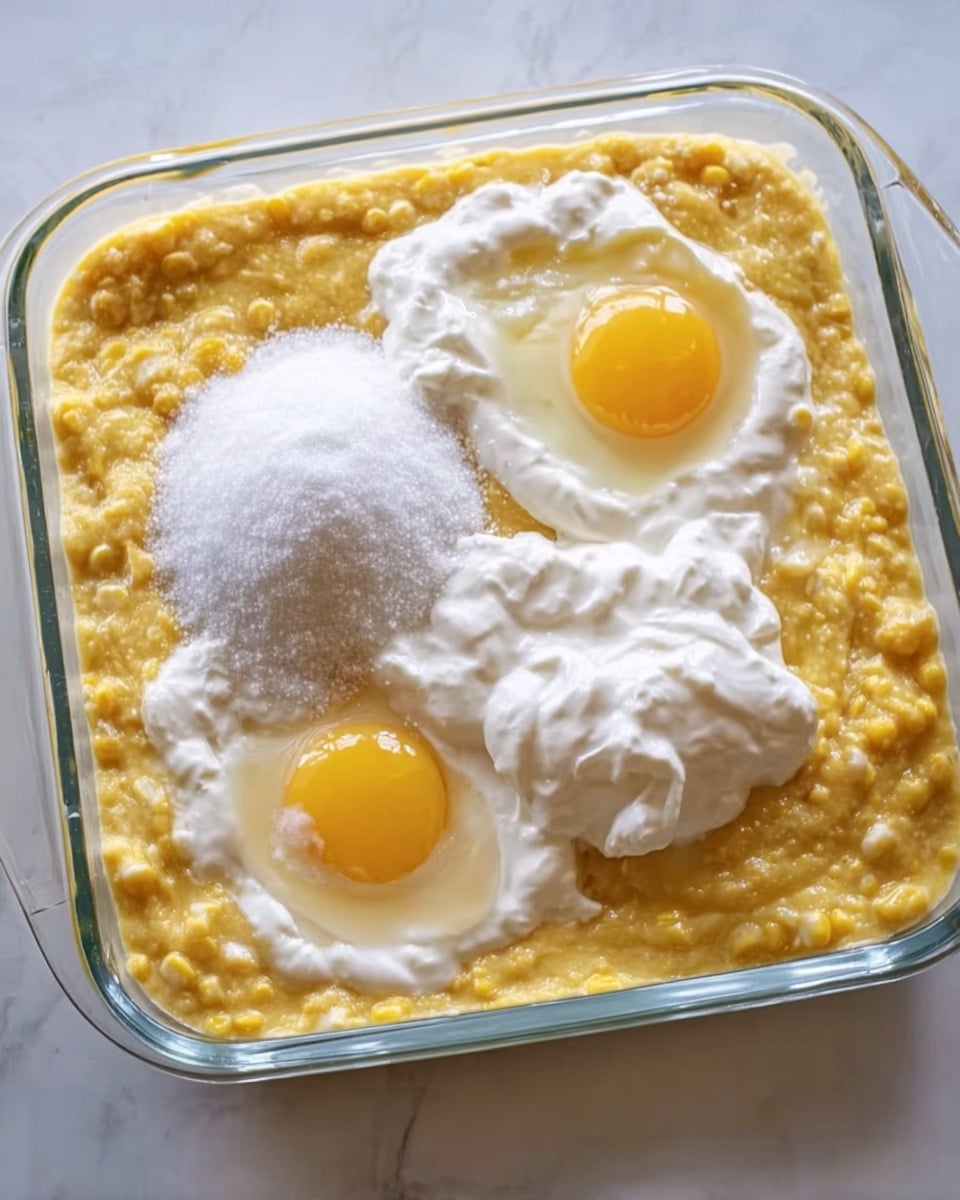 A clear glass square baking dish is filled with a yellow mixture that looks like mashed corn or a similar grain spread evenly inside. On top of this yellow base, there are two whole raw eggs with bright yellow yolks placed near two corners of the pan. In the center, a pile of white granulated sugar and a dollop of thick white cream or sour cream sit side by side, both resting on the yellow mix. The dish is placed on a white marbled surface that adds a clean, bright background to the image. Photo taken with an iphone --ar 4:5 --v 7