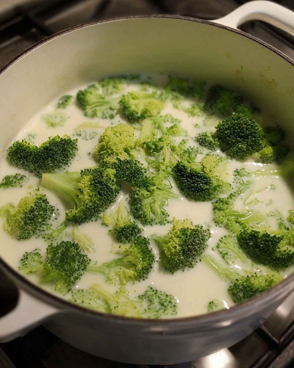 A white pot filled with a creamy white liquid and many bright green broccoli pieces floating on the surface. The broccoli pieces vary in size and are spread evenly inside the pot. The pot is placed on a stove, with parts of the stove burner visible along the edges. The light sets a soft and natural look on the fresh broccoli and creamy liquid. photo taken with an iphone --ar 4:5 --v 7
