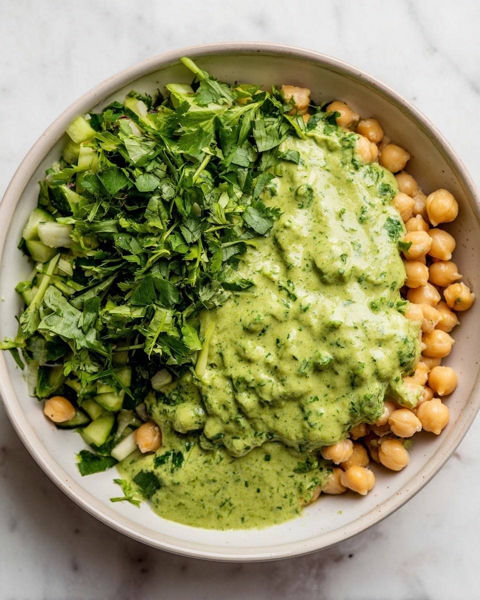 A white bowl holds a layered dish starting with a base of light tan chickpeas. On top of the chickpeas are fresh green leafy herbs, mainly chopped cilantro placed on one side. Covering part of the dish is a thick green sauce with visible chunks of cucumber, showing a creamy texture with specks of herbs throughout. The ingredients sit on a white marbled surface. Photo taken with an iphone --ar 4:5 --v 7