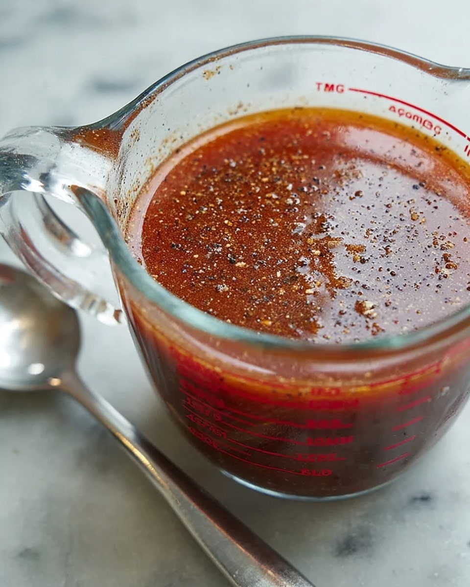 A clear glass measuring cup filled with a reddish-brown liquid, topped with a layer of ground black pepper and spices that give a speckled texture. The measuring cup has red measurement markings visible on its side and is placed on a white marbled surface with a metal spoon beside it. The liquid looks smooth with tiny bits floating, showing a rich, seasoned broth or sauce. Photo taken with an iphone --ar 4:5 --v 7