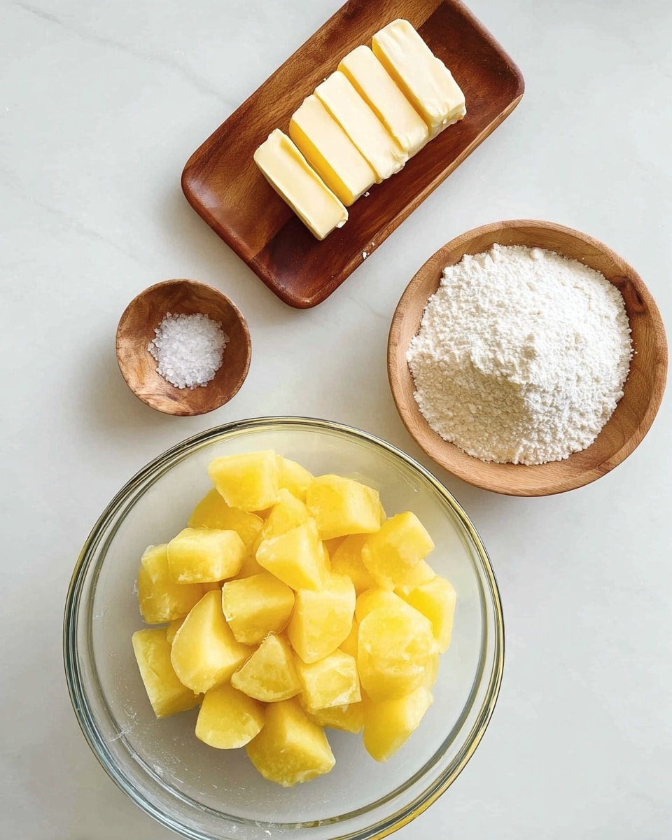 A clear glass bowl filled with bright yellow potato pieces sits in the bottom center on a white marbled surface. Above it, to the right, there is a small wooden bowl filled with white flour, and next to it on the left is a tiny round wooden bowl containing coarse salt. To the left of the salt bowl, a small rectangular wooden tray holds six evenly sliced pieces of pale yellow butter. The photo is simple, with a clean and organized presentation. Photo taken with an iphone --ar 4:5 --v 7