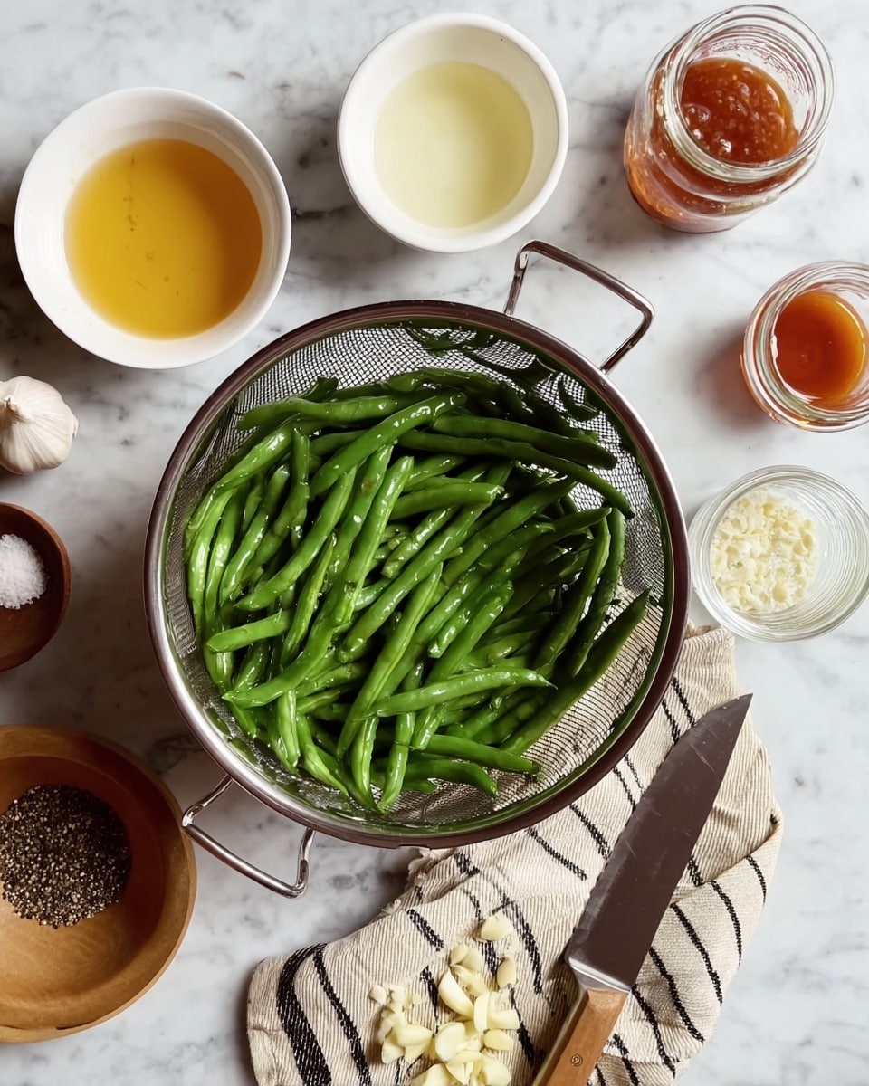 The image shows a metal colander filled with fresh green beans placed on a white marbled surface. Around the colander are several small bowls and containers: one white bowl with a golden yellow liquid, another white bowl with a reddish-brown sauce, a small wooden bowl with black pepper, a glass jar with white salt, and a larger glass bowl of a pale creamy yellow liquid. A large knife rests on a beige and black striped cloth next to finely chopped garlic on the cloth. The scene looks like ingredients are ready for cooking, all set on a white marbled background. Photo taken with an iphone --ar 4:5 --v 7