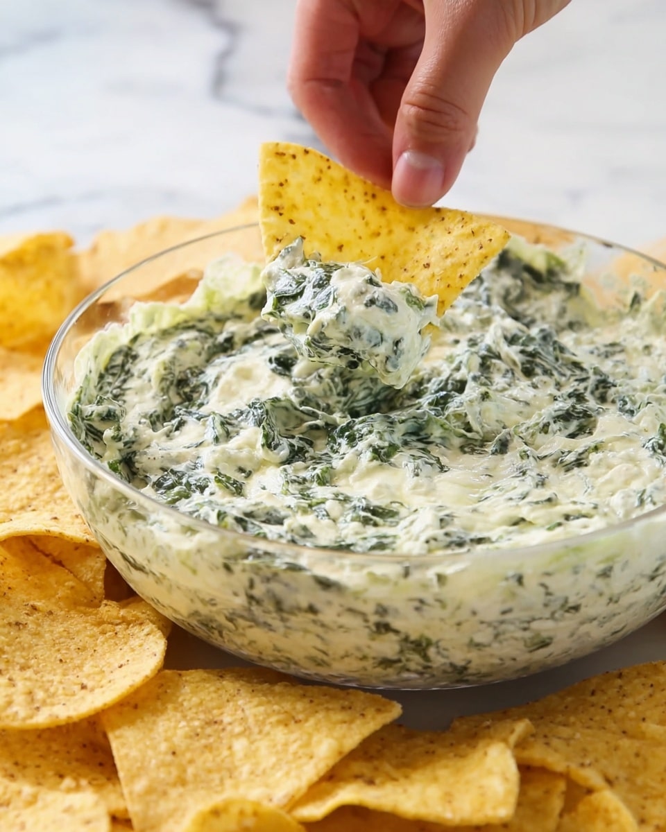 A clear glass bowl filled with a creamy spinach dip that has a mixed texture of soft white cheese and green leafy spinach pieces evenly spread throughout. A woman's hand is picking up a yellow, lightly speckled tortilla chip from the dip, lifting some of the mixture. Around the bowl, there is a spread of similar yellow tortilla chips laying on a white marbled surface. The focus is on the dip and the chip being lifted, showing the creamy texture and the crunchiness of the chip clearly. photo taken with an iphone --ar 4:5 --v 7