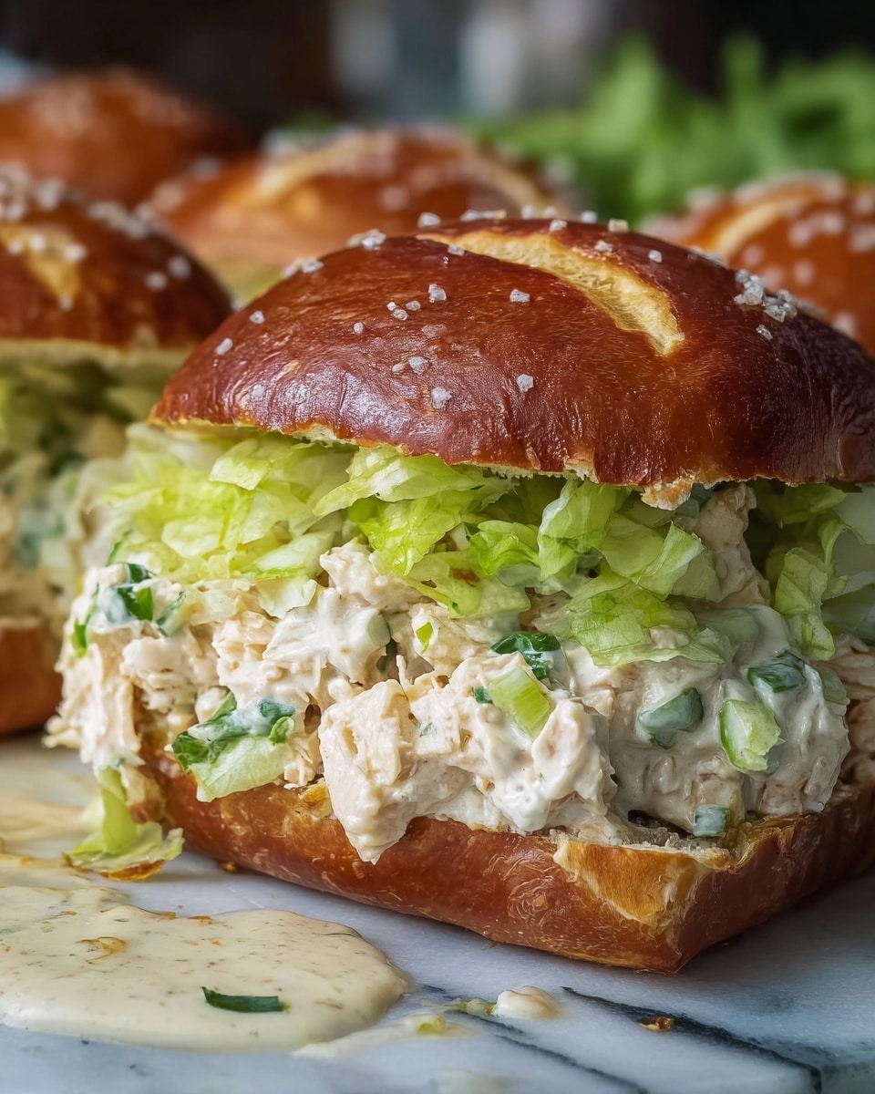 A close-up of a sandwich with three layers: the top and bottom layers are soft, shiny, brown pretzel buns sprinkled with some salt. Inside, the middle layers show a thick mix of creamy, light beige chicken salad with chopped green herbs and small chunks of chicken. Above the chicken salad, there is a generous layer of bright green, shredded lettuce. The sandwich sits on a white marbled surface with some creamy dressing spilled around it. Photo taken with an iphone --ar 4:5 --v 7