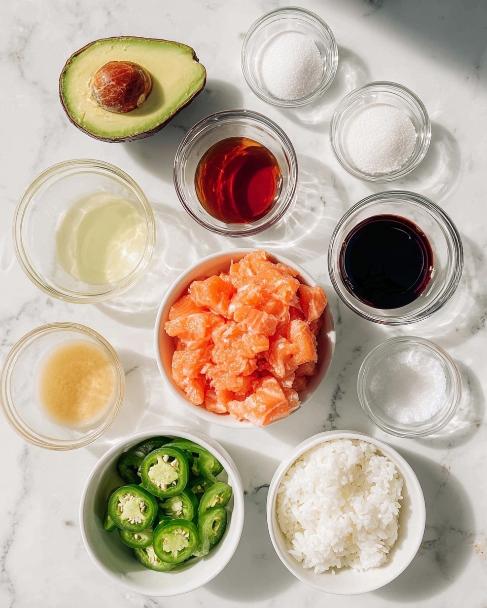This image shows a top view of different ingredients neatly placed on a white marbled surface. At the top left, there is a halved avocado showing its green flesh and one brown seed. To the right, there are small clear glass bowls with salt, a red sauce, a dark soy-like sauce, and white sugar. Below these is a small bowl of translucent light brown liquid, a bowl of pale yellow creamy sauce, and a small bowl filled with green sliced jalapeño peppers at the bottom left. On the right side, there are two white bowls, one holding small pink chunks of raw salmon and the other filled with white sticky rice. The scene is brightly lit with soft shadows indicating natural light. photo taken with an iphone --ar 4:5 --v 7