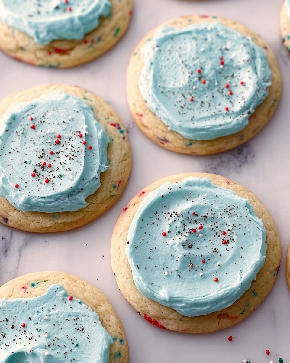A close-up view of several round cookies placed on a white marbled surface, each topped with a thick, smooth layer of light blue frosting that has a creamy texture with visible swirls and small dips. The cookies have a light beige color with colorful sprinkles embedded throughout, giving them a festive look. Each cookie is evenly spaced on the surface, and the frosting is sprinkled with tiny dark specks spread lightly on top. photo taken with an iphone --ar 4:5 --v 7
