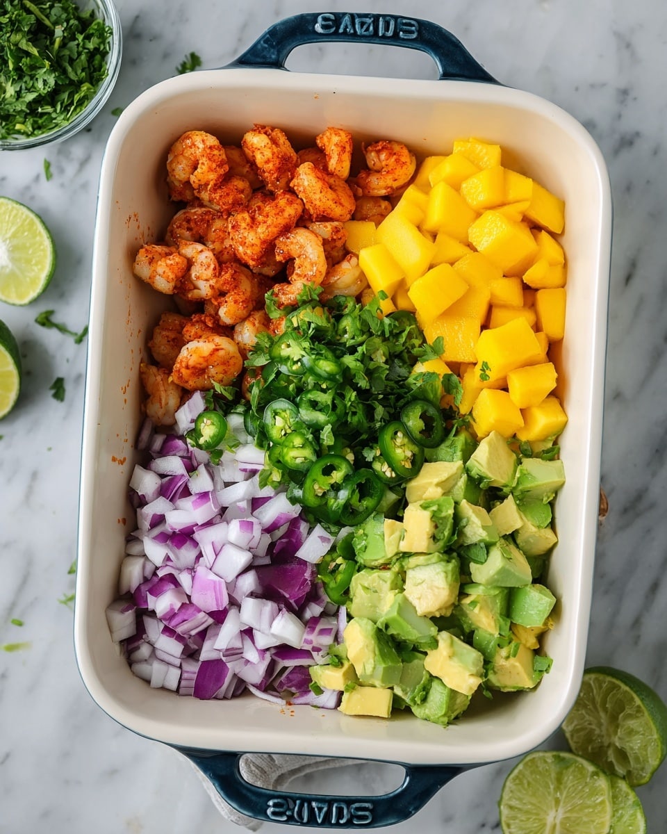 A white rectangular ceramic dish with blue handles filled with five different ingredients placed separately. On the top left are small pieces of reddish-orange seasoned shrimp, next to it on the top right are bright yellow diced mango cubes. Below the mango, on the bottom right are chunks of light green avocado. On the bottom left are small chopped pieces of purple onion. Between the mango and onion, there is a pile of finely chopped green cilantro and above the onion is a cluster of diced green jalapeño. The dish is placed on a white marbled surface with lime wedges and a bowl of chopped herbs in the background. Photo taken with an iphone --ar 4:5 --v 7