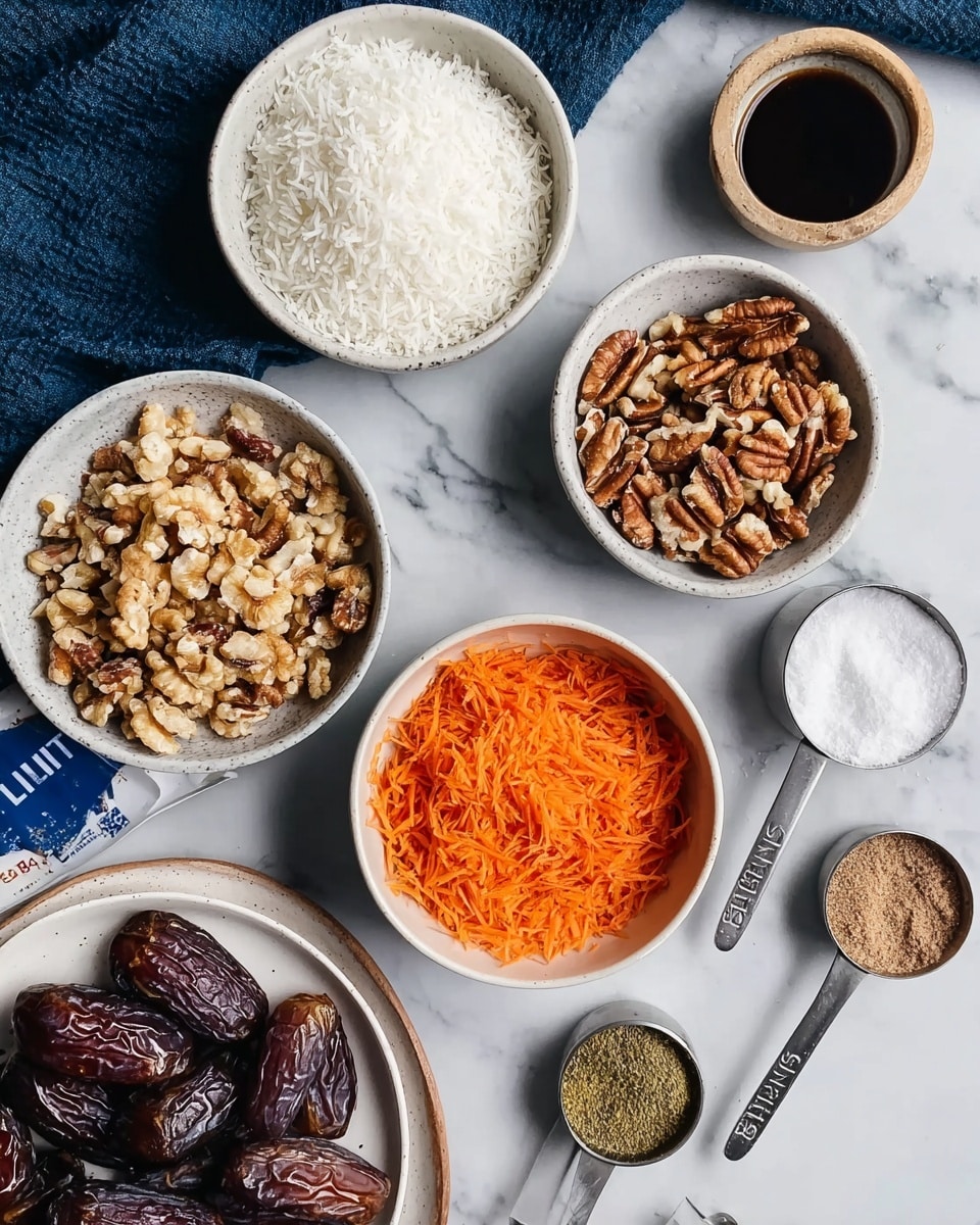 The image shows several small white bowls arranged on a white marbled surface, each filled with different ingredients. One bowl contains shredded white coconut, another bowl holds chopped walnuts and pecans together. There is a bowl with bright orange shredded carrots, and a small bowl with a mix of ground spices in various shades of brown. Next to these bowls are two metal measuring spoons, one filled with a dark liquid and the other with white granulated sugar. At the edge of the image, there is a white plate holding whole dark brown dates. The setting also includes part of a dark blue cloth. Photo taken with an iphone --ar 4:5 --v 7