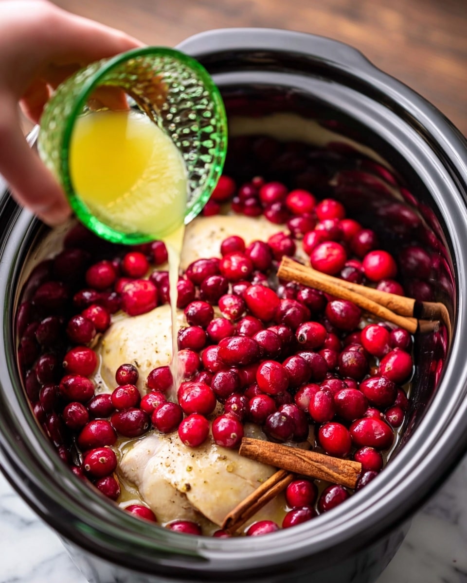 Inside a black slow cooker, there are three large pale pieces of chicken at the base, covered in many bright red cranberries scattered on top. Two whole cinnamon sticks lie close together on one side of the chicken. A woman's hand is pouring a yellow liquid from a small green glass cup over the cranberries. The slow cooker sits on a white marbled surface. photo taken with an iphone --ar 4:5 --v 7