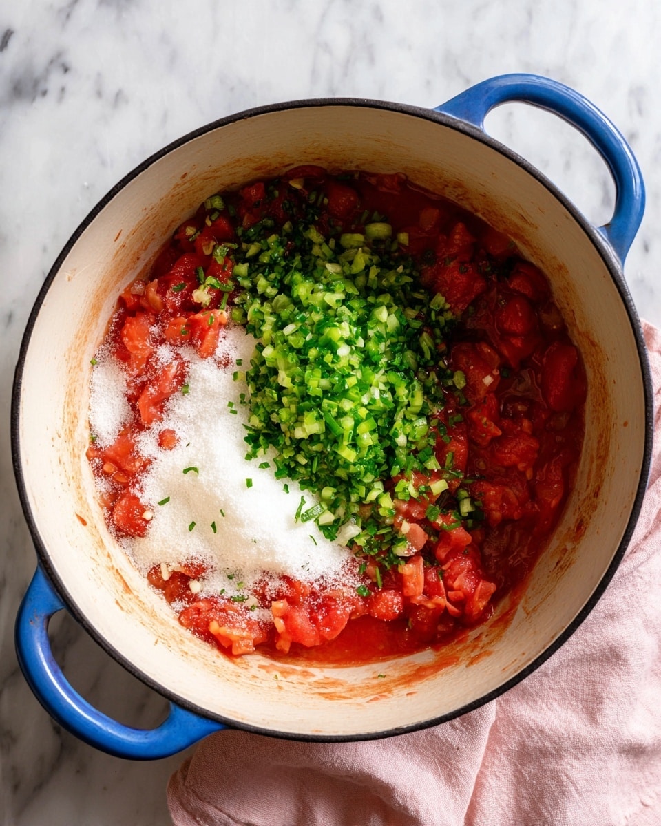 Inside a blue cast iron pot with a white inside, there is a mixture of chunky red tomato pieces, topped with a mound of finely chopped green peppers on the right side and a pile of fine white granulated sugar on the left side. The pot rests on a white marbled surface with a soft pink cloth partially visible to the right. Some tomato juice stains the inner sides of the pot, showing the wet texture of the ingredients inside. photo taken with an iphone --ar 4:5 --v 7