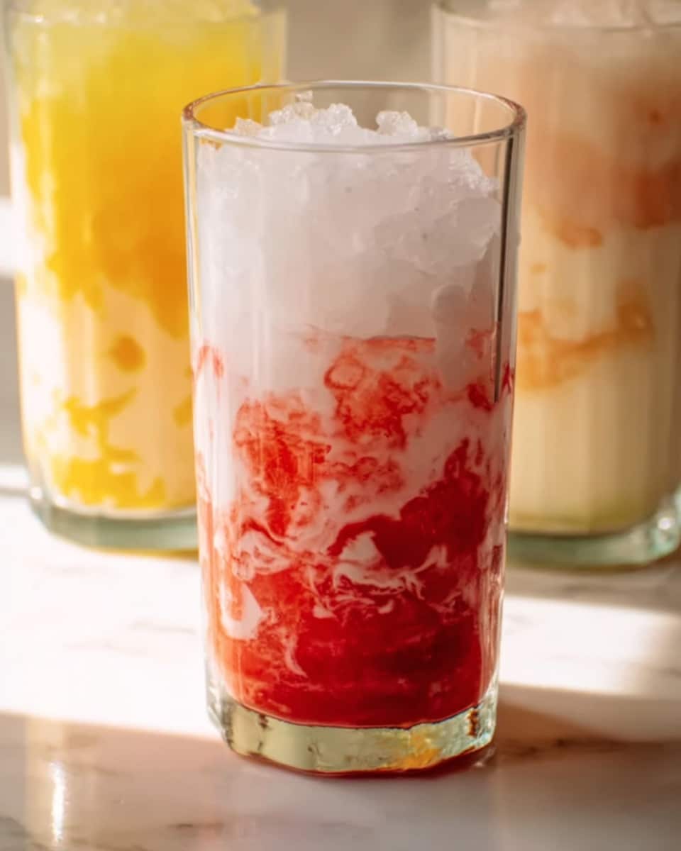 The image shows a close-up of three tall clear glasses filled with layered drinks on a white marbled surface. The center glass contains crushed ice on top, above a swirled mix of white and bright red liquid that creates a cloudy, marbled effect. The lower part of the glass shows a clear red base, and the red appears to spread upward through the white in uneven patterns. Behind this, the left glass has a yellow and white layered drink, and the right glass has a pale, creamy mixture with some yellow tones. The background is softly lit, making the colors stand out vividly. The photo taken with an iphone --ar 4:5 --v 7