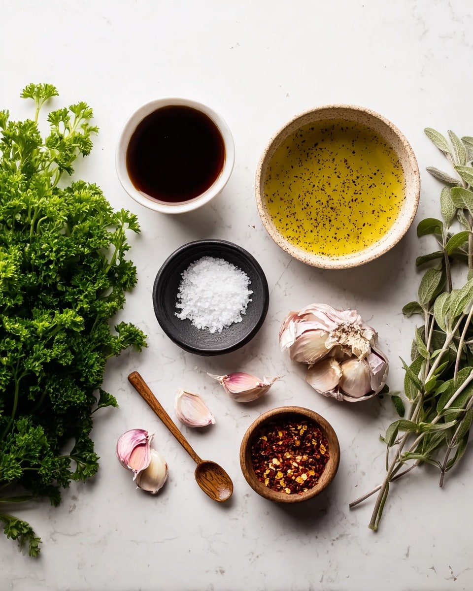 This image shows a flat white marbled surface with several ingredients neatly arranged from left to right. There are fresh green parsley sprigs on the far left, followed by a small white bowl of dark brown liquid sauce at the top left corner. Next is a slightly larger beige bowl filled with a light yellow-green oil with black pepper specks. Next to that is a small black dish holding coarse white salt with a small wooden spoon. To the right are garlic cloves and a partially peeled garlic bulb with purple-tinged skin. Above the garlic, there are two shallots cut in half, showing pale pinkish layers. At the far right are fresh green sprigs of oregano, next to a small wooden bowl of red chili flakes. The items are all spaced out cleanly on the white marbled background. photo taken with an iphone --ar 4:5 --v 7