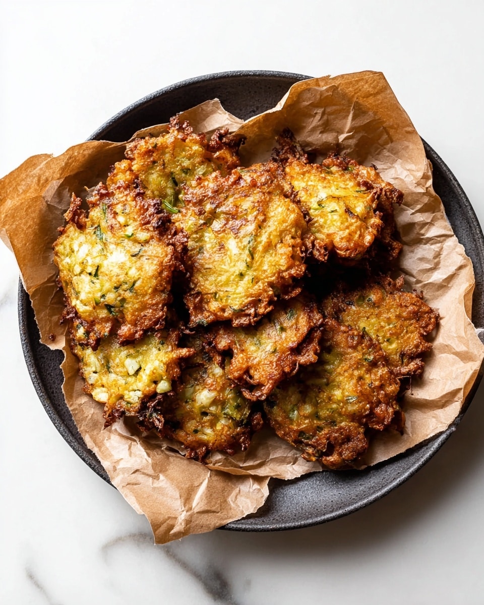 A dark round plate holds a crumpled layer of brown paper, on which eight golden brown, unevenly shaped fritters are stacked. Each fritter has a mix of crispy darker edges and lighter golden yellow centers with visible green flecks, suggesting herbs or vegetables inside. The fritters have a rough, crunchy texture with some small holes and ridges. The plate sits on a white marbled surface. Photo taken with an iphone --ar 4:5 --v 7