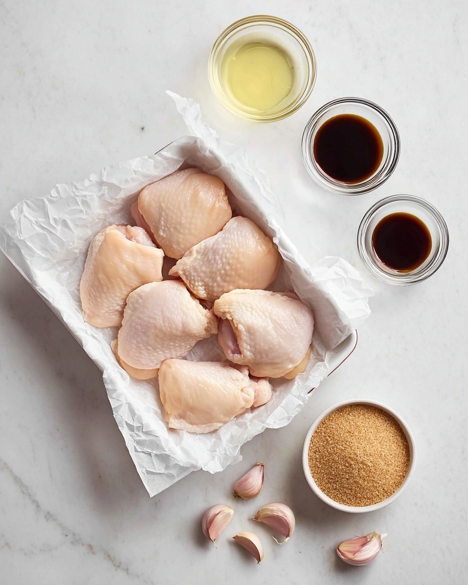 The image shows a white rectangular dish lined with crumpled white parchment paper holding eight raw, pale pink chicken thighs neatly arranged in two layers. To the top left of the dish, there is a small clear glass bowl with a light yellow liquid, and to the top right, another small clear glass bowl filled with a dark brown liquid. On the bottom right side, there is a white bowl filled with brown sugar, and next to it, four garlic cloves, some peeled and some with skins, are scattered on the white marbled surface. The scene is bright and clean with soft natural light. photo taken with an iphone --ar 4:5 --v 7