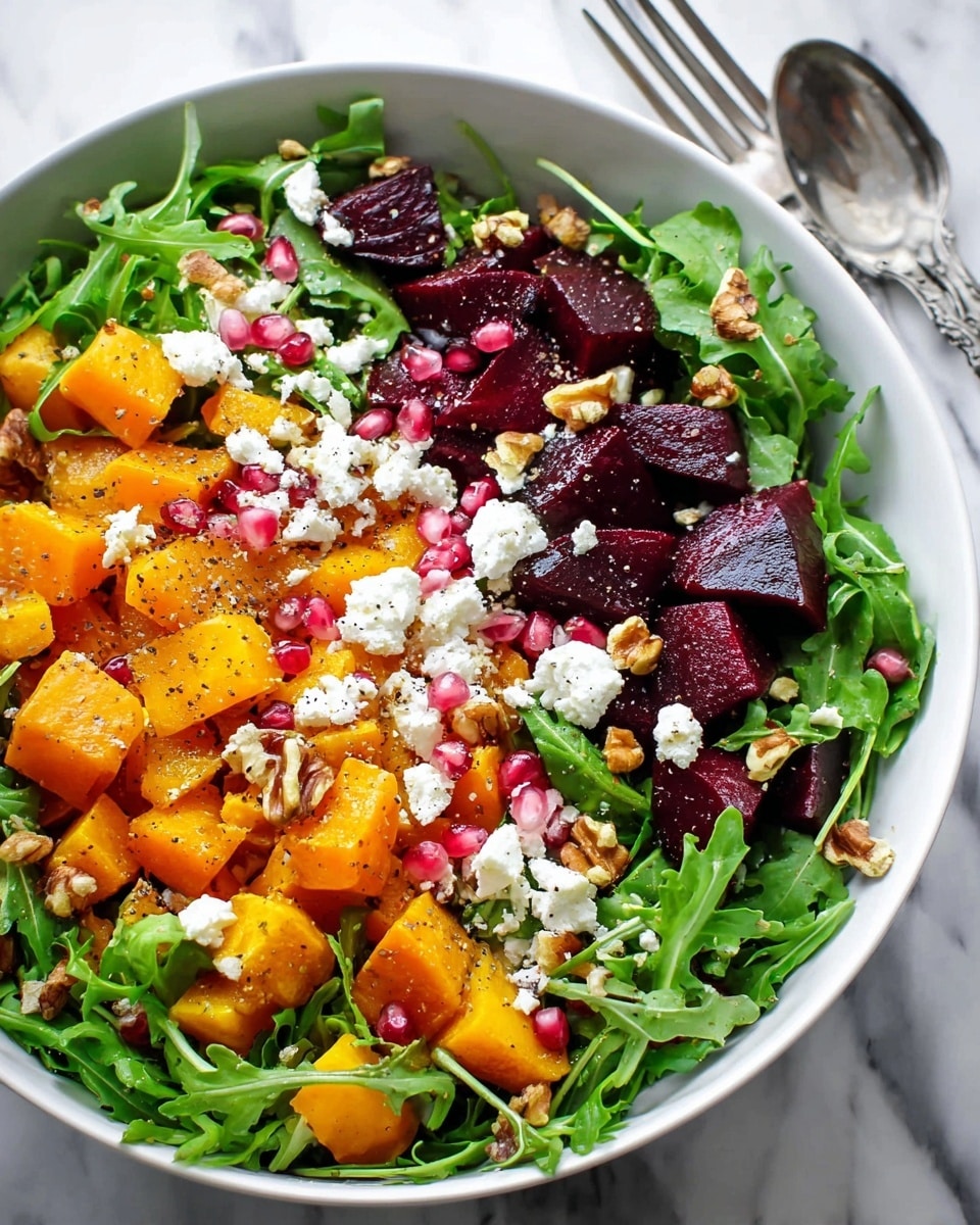 A large white bowl holds a colorful salad with three main layers: the bottom layer is bright green arugula leaves with a fresh, soft texture; the middle layer has orange cubes of roasted butternut squash and deep purple pieces of roasted beets, both with a slightly rough surface; the top layer is sprinkled with small white crumbles of cheese, light pink pomegranate seeds, and small golden-brown walnut pieces, all evenly spread around. The salad is lightly speckled with black pepper, adding tiny dark spots. The bowl sits on a white marbled surface with a silver spoon and fork nearby. Photo taken with an iphone --ar 4:5 --v 7