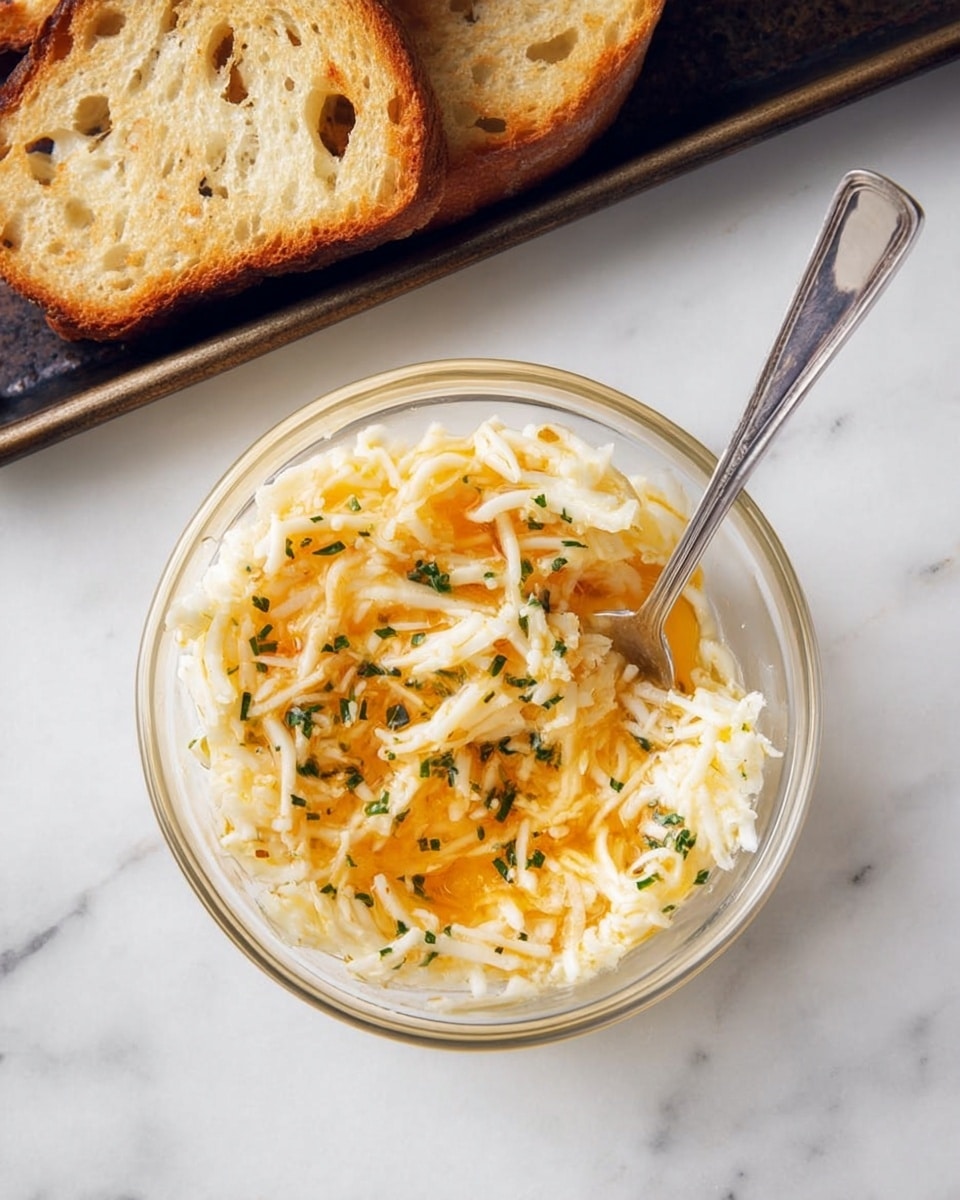 A clear glass bowl with a silver spoon inside holds a mixture of creamy white shredded cheese and orange melted butter with small green herbs sprinkled on top, creating a creamy, slightly textured surface. Behind the bowl, there is a white marbled surface with a dark tray showing two pieces of lightly toasted bread with golden-brown spots and soft textures. The arrangement is simple and inviting, with the warm tones of the toast and butter standing out against the clean white background. photo taken with an iphone --ar 4:5 --v 7