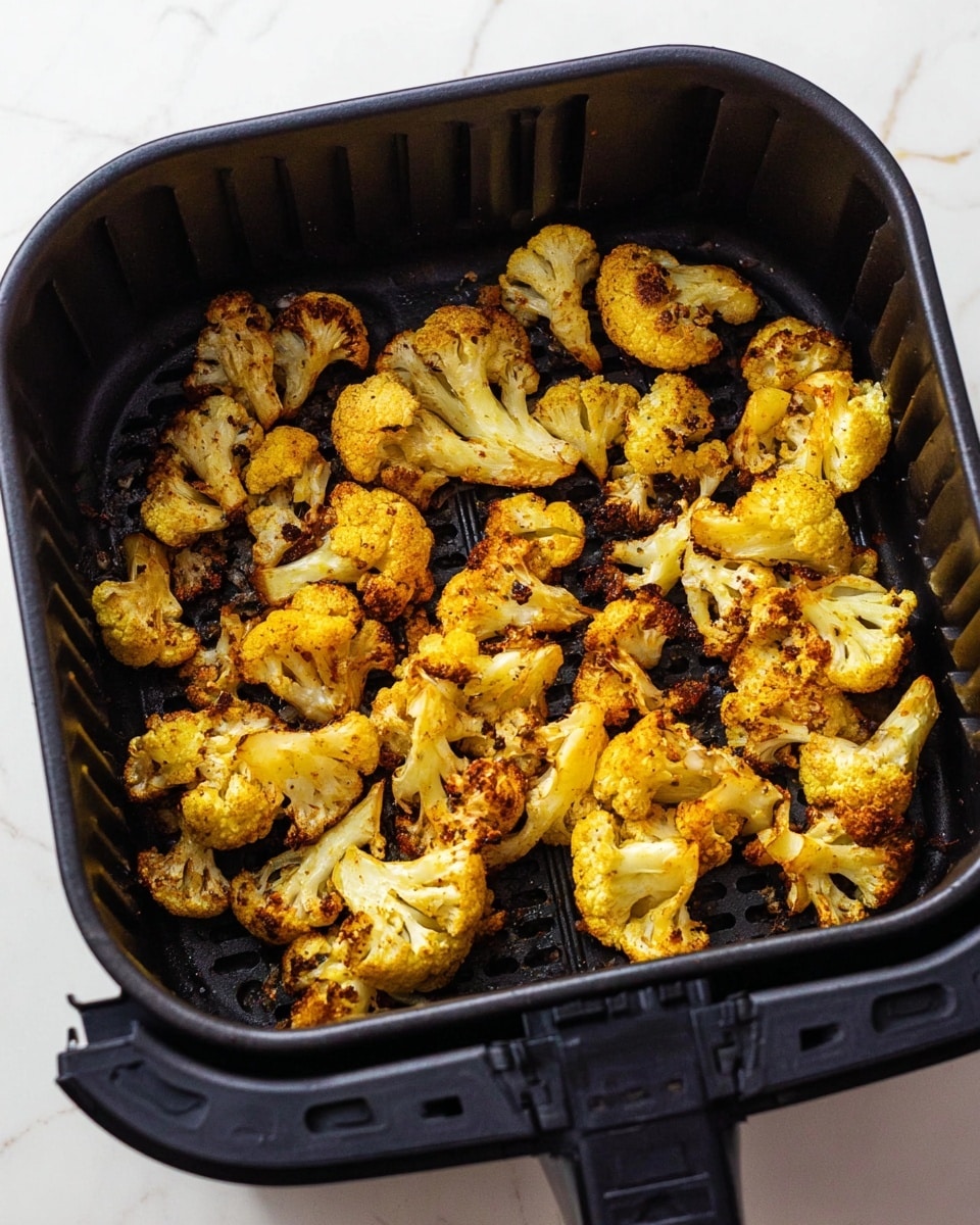 The image shows a black air fryer basket filled with roasted cauliflower pieces spread out in one layer. The cauliflower pieces are golden yellow with some brown charred spots, indicating they have been well-roasted. The air fryer basket has small holes at the bottom and is placed on a white marbled surface. There are no other visible items in the frame photo taken with an iphone --ar 4:5 --v 7