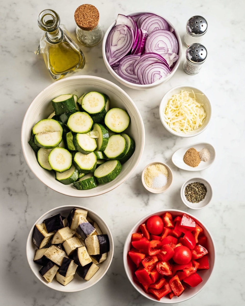 Several white bowls and small dishes are arranged on a white marbled surface. In the center, a large bowl holds sliced green zucchini, cut into half-moon shapes with a smooth texture. To the top right, a bowl contains layered slices of purple and white red onions. Below it, a small dish has grated light yellow garlic. Next to the garlic, another small dish contains a fine brownish spice powder. At the bottom right, a bowl holds shiny, round red cherry tomatoes. At the bottom left, a large bowl is filled with cubed pieces of eggplant, showing dark purple skin and creamy white flesh. Above this, another bowl contains bright red, chopped bell peppers with a crisp texture. Two small shakers with salt and pepper and a glass bottle filled with golden olive oil with a cork stopper are placed near the bowls. photo taken with an iphone --ar 4:5 --v 7