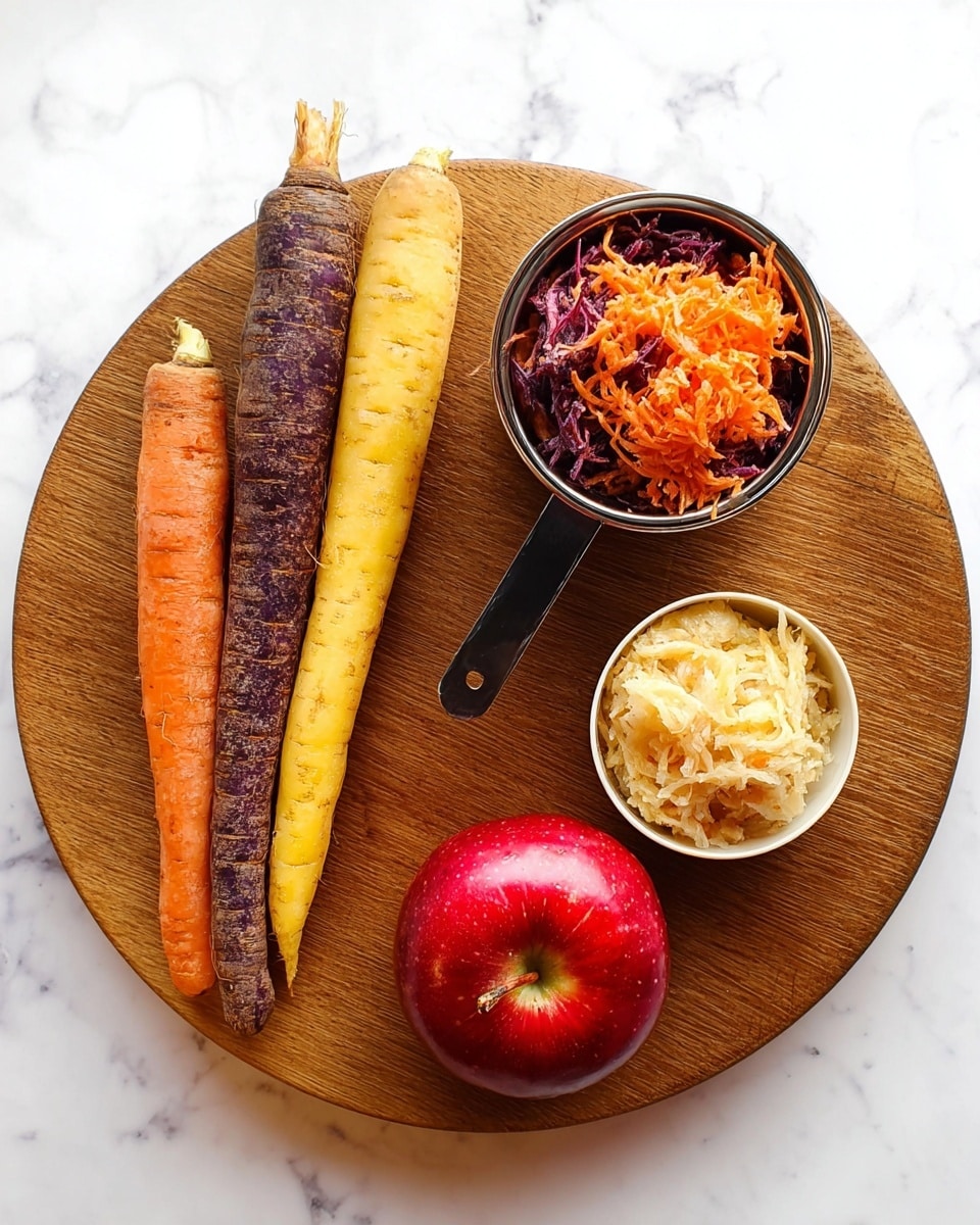 A round wooden board sits on a white marbled surface, holding three whole carrots in different colors: purple on the left, yellow in the middle, and orange on the right. Below the carrots is a shiny red apple with a small stem. To the right of the apple, there is a small white metal cup filled with pale shredded apple. Above it, a black measuring cup holds a pile of finely shredded carrots with a mix of orange and purple shreds. The image is simple and bright, showing fresh, natural textures. photo taken with an iphone --ar 4:5 --v 7
