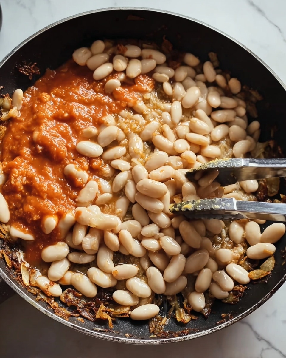 A close-up view of a black frying pan filled with several layers of food. The bottom layer shows browned bits that look like cooked onions or garlic, with a dark texture. The top layer contains many white beans, thick and plump, spread all over the pan. On one side, a bunch of beans are covered with a red-orange sauce that looks smooth and sticky. A silver metal masher is pressed into the beans, mixing the white beans and the sauce together. The background is a white marbled surface. photo taken with an iphone --ar 4:5 --v 7