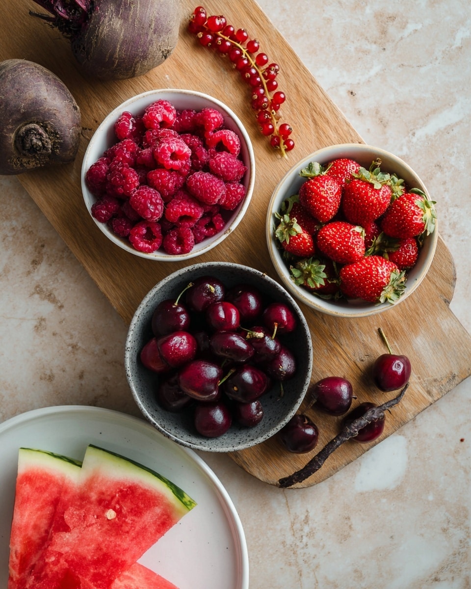 The image shows a wooden board placed on a white marbled surface, holding three small white bowls filled with fruit. The top left bowl contains bright red raspberries and shiny red currants on their green stems, showing a mix of round and hollow shapes. To the top right, another white bowl is filled with fresh red strawberries with green leafy tops, densely packed. Below, there is a dark gray bowl full of dark red cherries with stems, their smooth skin slightly wet and shiny. Next to the board on the bottom left side of the image, a white plate holds two slices of watermelon with red flesh and green rind. Two whole dark purple beets with rough skin and roots attached sit on the wooden board near the bowls of fruit. Photo taken with an iphone --ar 4:5 --v 7