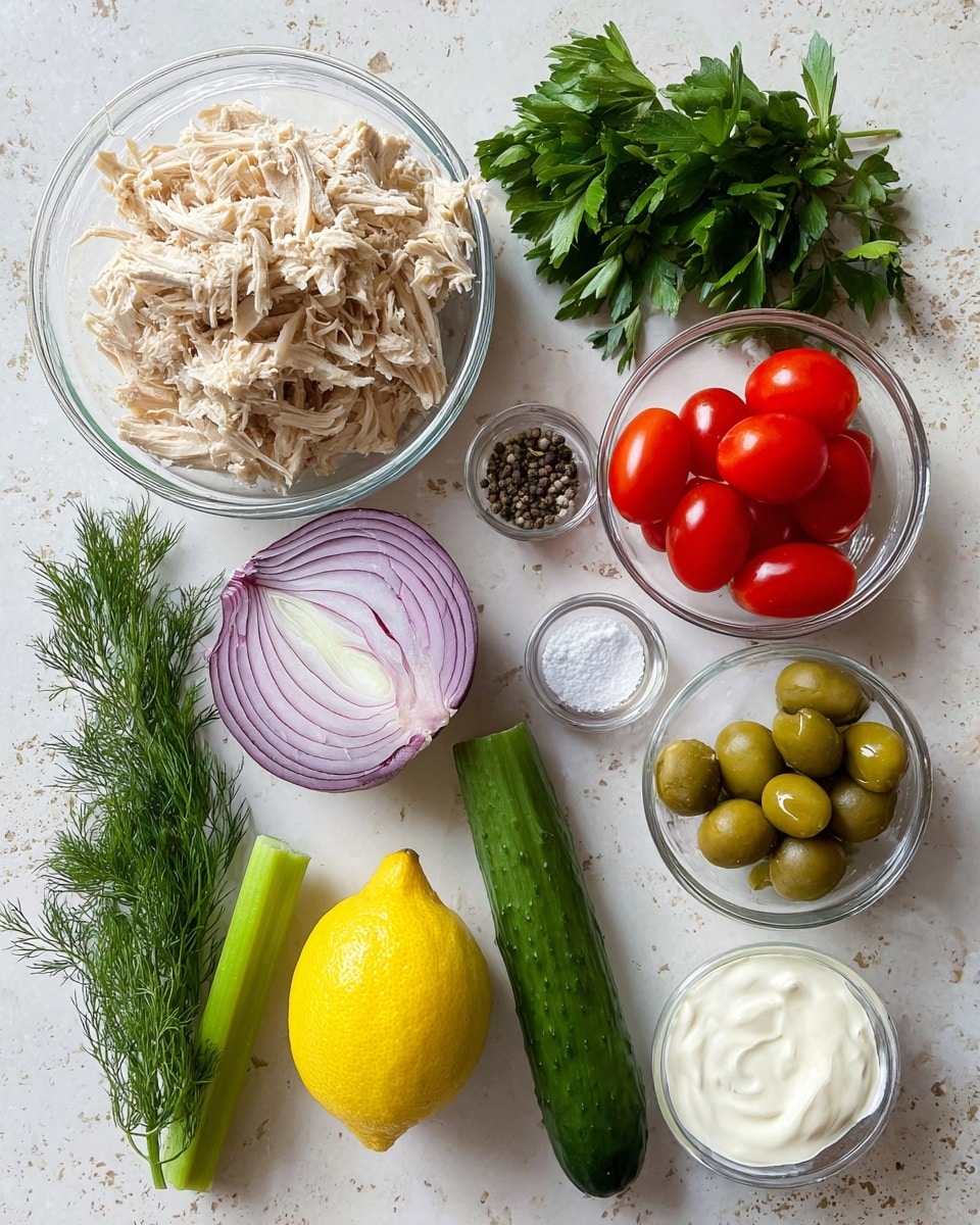 A collection of fresh ingredients is neatly arranged on a surface with a white marbled texture. Starting from the top left, there is a clear bowl filled with light beige shredded chicken pieces. To the right, a small bunch of fresh green parsley leaves is placed above a transparent bowl full of bright red cherry tomatoes. Below the tomatoes, a quarter of a red onion shows layered purple and white rings, next to a long fresh green celery stalk stretching vertically. At the bottom, a smooth, dark green cucumber lies diagonally next to a clear bowl filled with creamy white yogurt. Near the center, a bright yellow lemon sits alongside a small heap of fresh dill with feathery green leaves and a cluster of green olives with shiny skins. Finally, a tiny bowl holds white and black seasonings including salt, black pepper, and garlic powder. Photo taken with an iphone --ar 4:5 --v 7