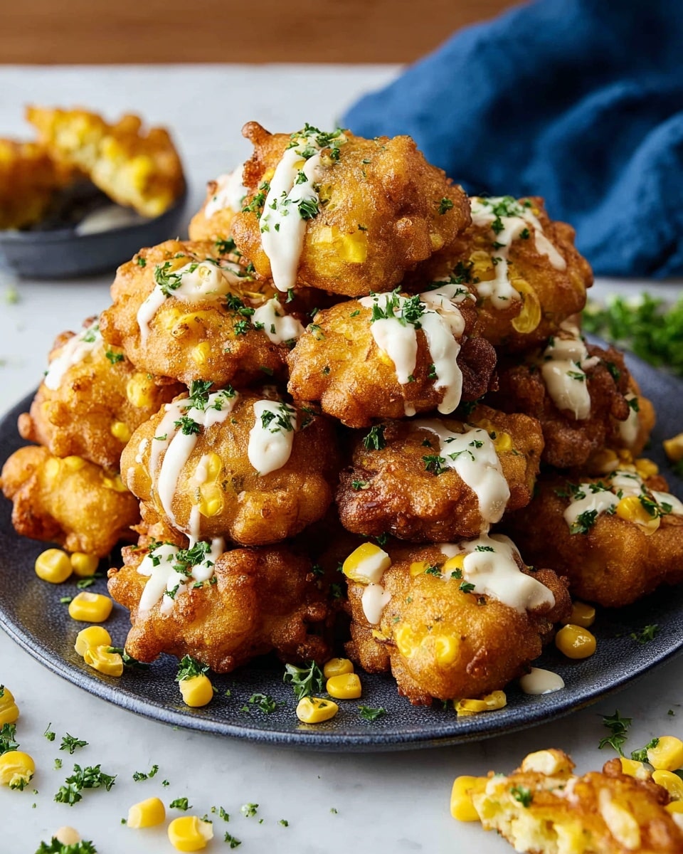 The image shows a pile of golden brown fried corn fritters with a crispy, bumpy texture stacked on a white plate. The fritters have small yellow corn kernels visible inside, with one fritter broken open in the center to show the soft, light inside filled with more yellow corn pieces. A light white sauce is drizzled unevenly over the fritters, and small green herb bits are sprinkled on top. The plate sits on a white marbled surface. photo taken with an iphone --ar 4:5 --v 7