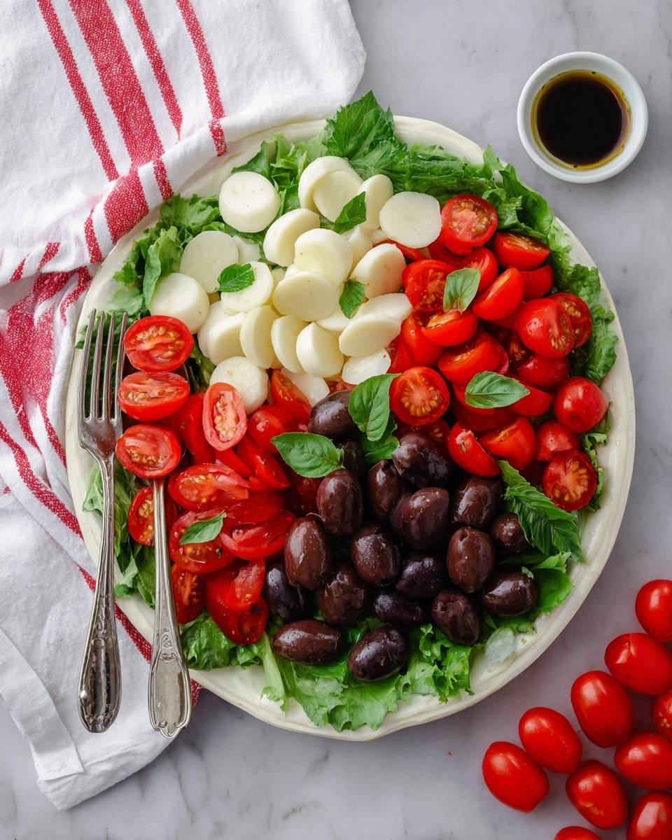 A white plate holds a colorful salad arranged in sections on a bed of green leafy lettuce. There are three main layers on top of the lettuce: white round slices of hearts of palm, bright red halved cherry tomatoes, and a cluster of dark purple black olives in the center. Some fresh green basil leaves are scattered on the white slices and tomatoes for garnish. A silver fork holds a halved cherry tomato on the left side of the plate, resting on the lettuce. The plate is placed on a white marbled surface with a white cloth with red stripes on the top left and a small white bowl filled with dark olive oil on the top right. A bunch of cherry tomatoes is on the bottom right corner. Photo taken with an iphone --ar 4:5 --v 7