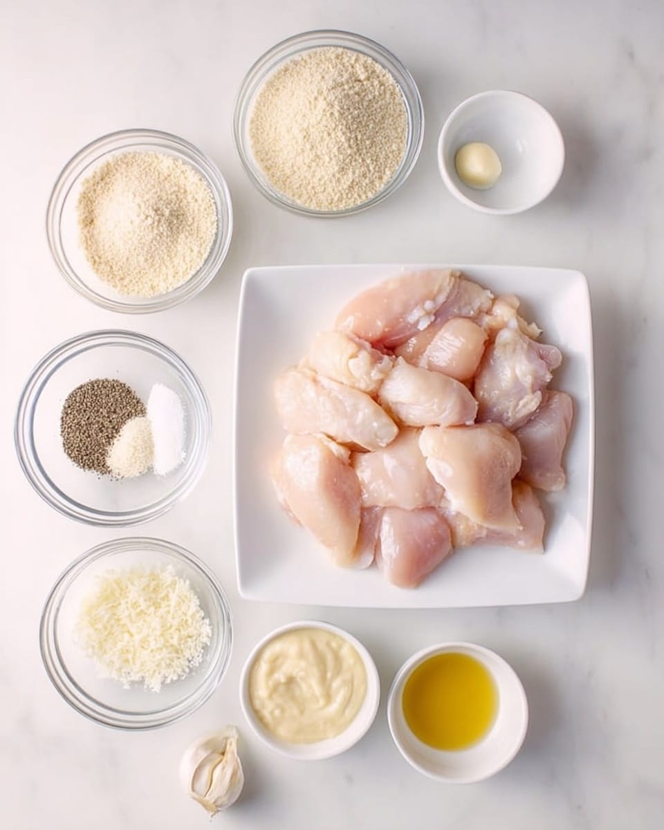 The image shows a white square plate with seven raw chicken pieces, pale pink in color with some white parts. Surrounding the plate are seven small clear glass bowls and one white small bowl, all placed on a white marbled surface. The bowls contain different ingredients: one with a pale beige powder, another with white grated cheese, a third with light beige coarse crumbs, one small bowl has black pepper, another has white salt, a small bowl holds yellow mustard, and the white bowl contains a creamy off-white sauce. A single peeled garlic clove is also placed near the bowls. Photo taken with an iphone --ar 4:5 --v 7