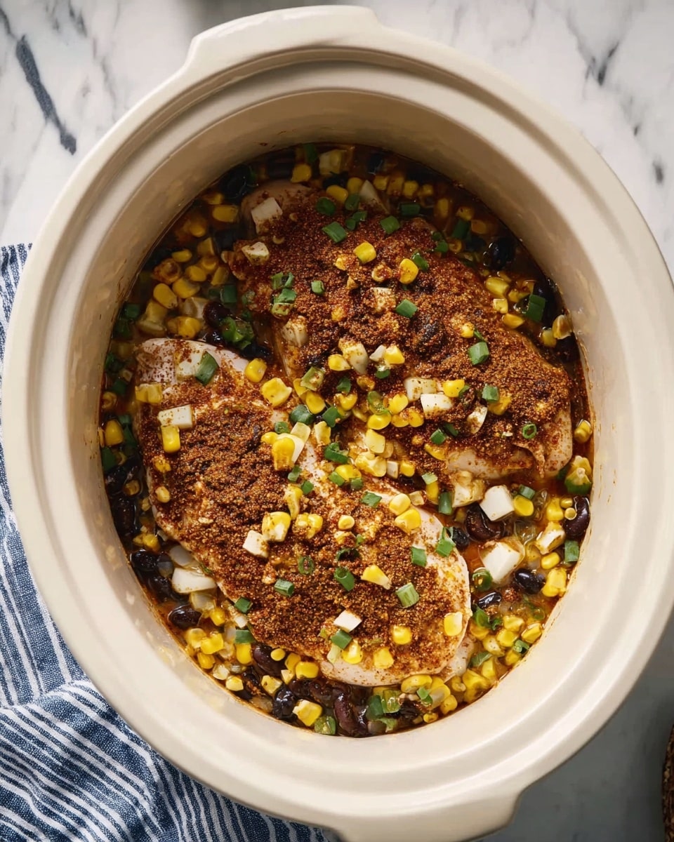The image shows a white slow cooker filled with two large pieces of raw chicken. The chicken is covered with a layer of yellow corn, chopped green onions, black beans, and small white onion pieces. There is a dark brown spice mix sprinkled over the chicken and vegetables, adding a textured, grainy appearance. The filling is spread evenly across the top and sides of the chicken, creating a colorful, layered look inside the cooker. The scene is set on a white marbled surface with a blue and white striped cloth nearby. Photo taken with an iphone --ar 4:5 --v 7