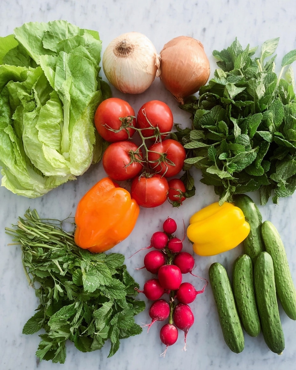 The image shows a top view of fresh vegetables and herbs spread out on a white marbled surface. On the left side, there is a bunch of leafy green lettuce and fresh green cilantro. Moving towards the center, there are two whole onions, one with its skin slightly loose, and a cluster of vibrant red tomatoes on the vine. Below the tomatoes, there is an orange bell pepper. To the right, there are small round red radishes arranged in a row next to a bright yellow bell pepper. Near the top right corner, there are several green cucumbers lined up. Finally, in the bottom right corner, there is a dense bunch of green mint leaves. photo taken with an iphone --ar 4:5 --v 7