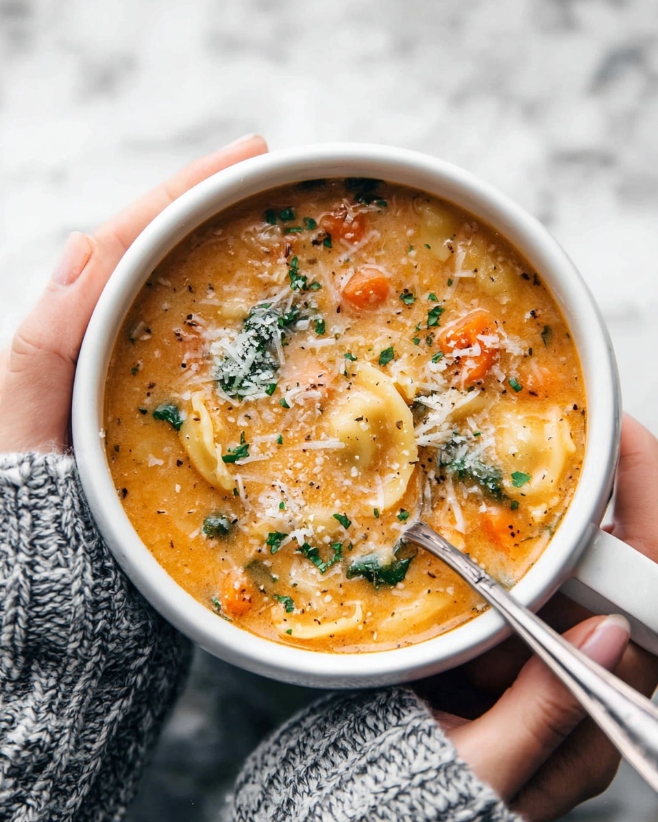 A white mug filled with thick, creamy soup that has a warm orange color with visible chunks of pasta, carrots, and greens mixed throughout. The soup is topped with a light sprinkle of grated cheese and chopped green herbs. A woman's hand in a cozy, gray knit sleeve holds the mug from the handle, while another woman's hand holds a silver spoon dipped into the soup. The background shows a white marbled texture. photo taken with an iphone --ar 4:5 --v 7