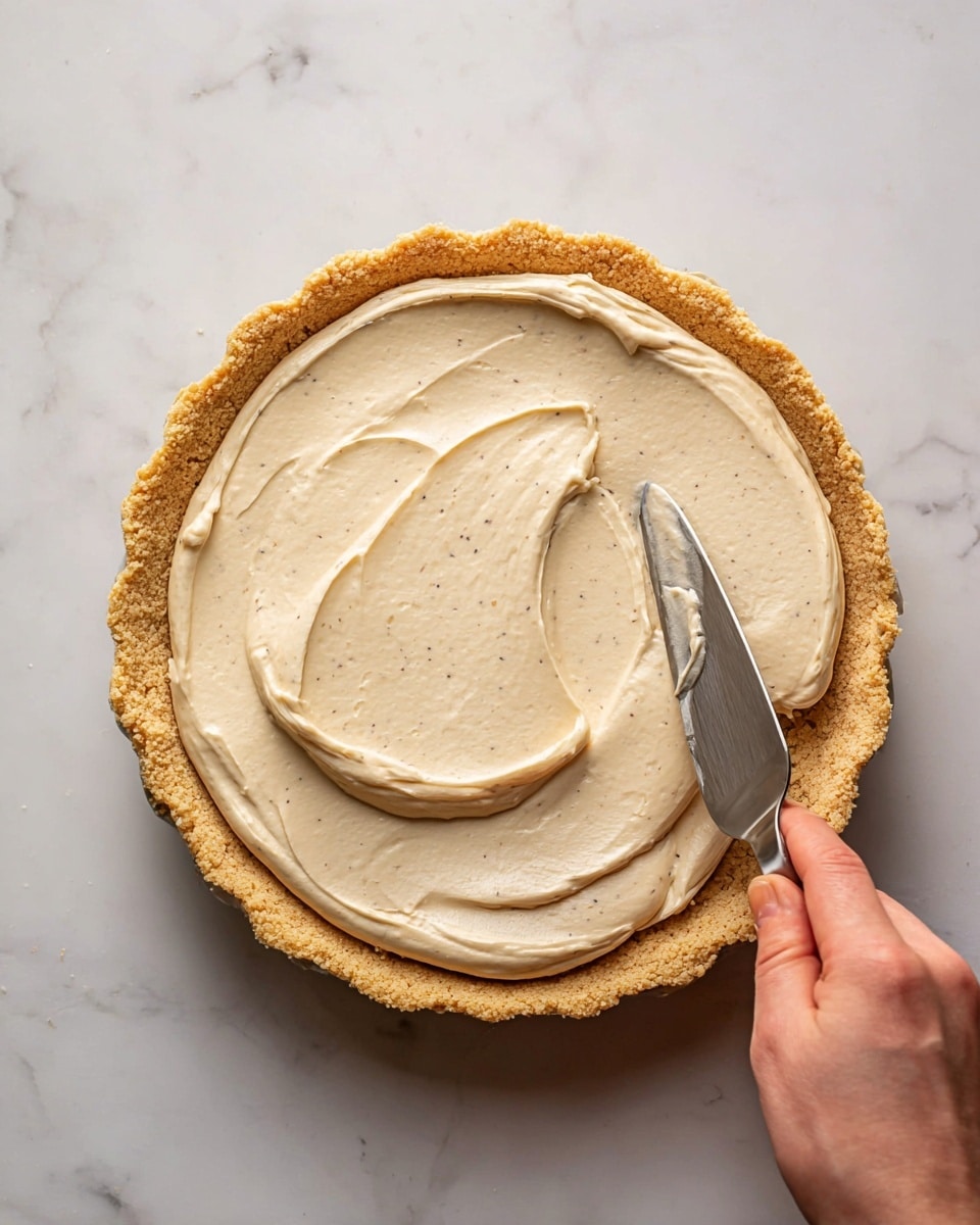 A round pie with a golden brown crust sits on a white marbled surface. The pie has two visible layers: a bottom layer of a crumbly, light brown filling and a top layer of creamy, light beige filling being spread evenly with a metal spatula held by a woman's hand at the edge. The creamy layer looks smooth with tiny dark specks throughout, contrasting softly with the crust’s rough, baked edges. Photo taken with an iphone --ar 4:5 --v 7
