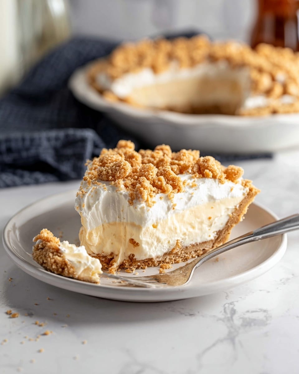 A slice of pie on a white plate with three main layers: a light golden crust at the bottom, a creamy pale yellow middle layer, and a thick white cream layer on top. The pie is topped with small, crunchy golden brown pieces scattered generously over the cream. A silver fork is on the plate next to the slice, with a small bite taken from the front, showing the soft texture of the cream and middle layer. In the background, part of the whole pie with a similar crumb topping is visible, sitting on a white marbled surface with a dark cloth nearby and a blurred bottle in the distance. Photo taken with an iphone --ar 4:5 --v 7