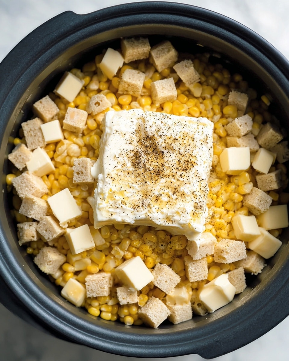 The image shows a black cooking pot filled with three layers of food. At the bottom, there is a layer of fresh yellow corn kernels with some small cob pieces visible. On top of the corn is a large block of white cream cheese sprinkled with black pepper, positioned in the center. Surrounding the cream cheese are many small beige cubes of butter also sprinkled with black pepper, scattered evenly around the edges. The pot is placed on a white marbled surface. Photo taken with an iphone --ar 4:5 --v 7