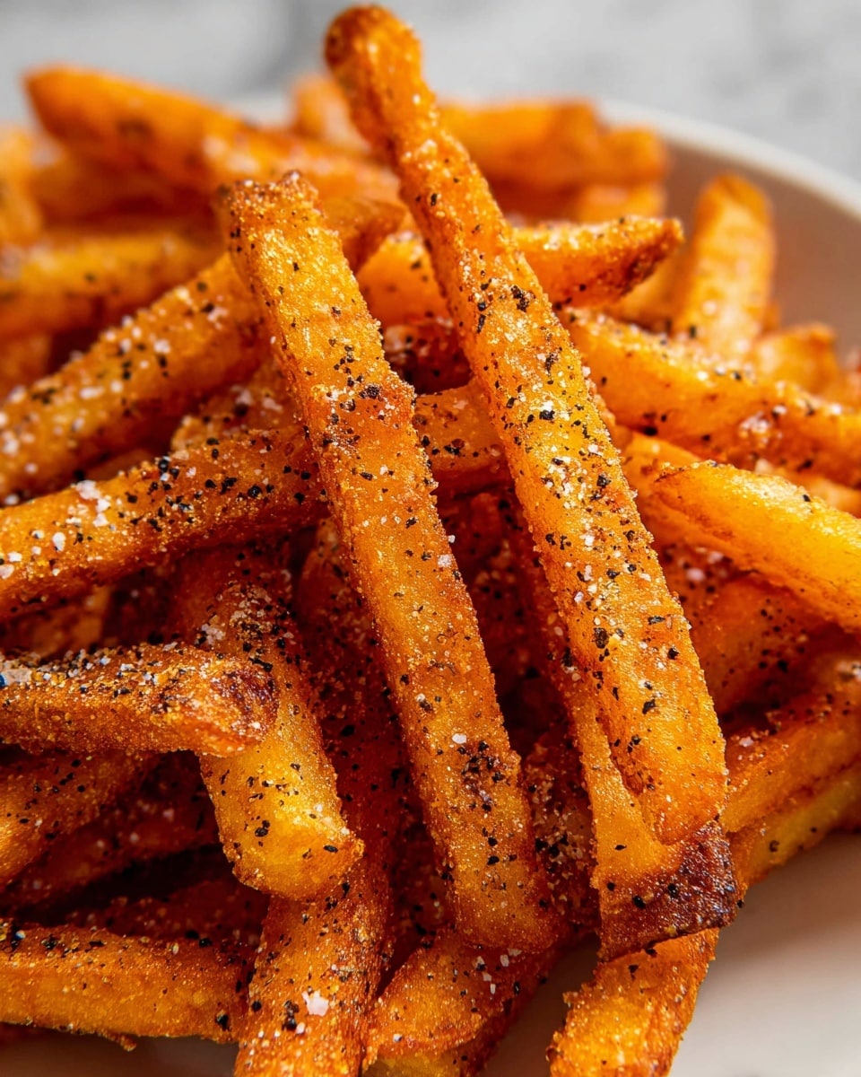 A close-up view of crispy golden-brown fries stacked on a white plate with a visible rough texture from the crunchy coating. Each fry is covered with black pepper and salt crystals, showing a slightly rough surface with a mix of dark and light orange hues. They appear thick and well cooked, with some darker edges and specks of seasoning spread unevenly on every fry. The background shows a white marbled texture that softly contrasts the warm tones of the fries. photo taken with an iphone --ar 4:5 --v 7