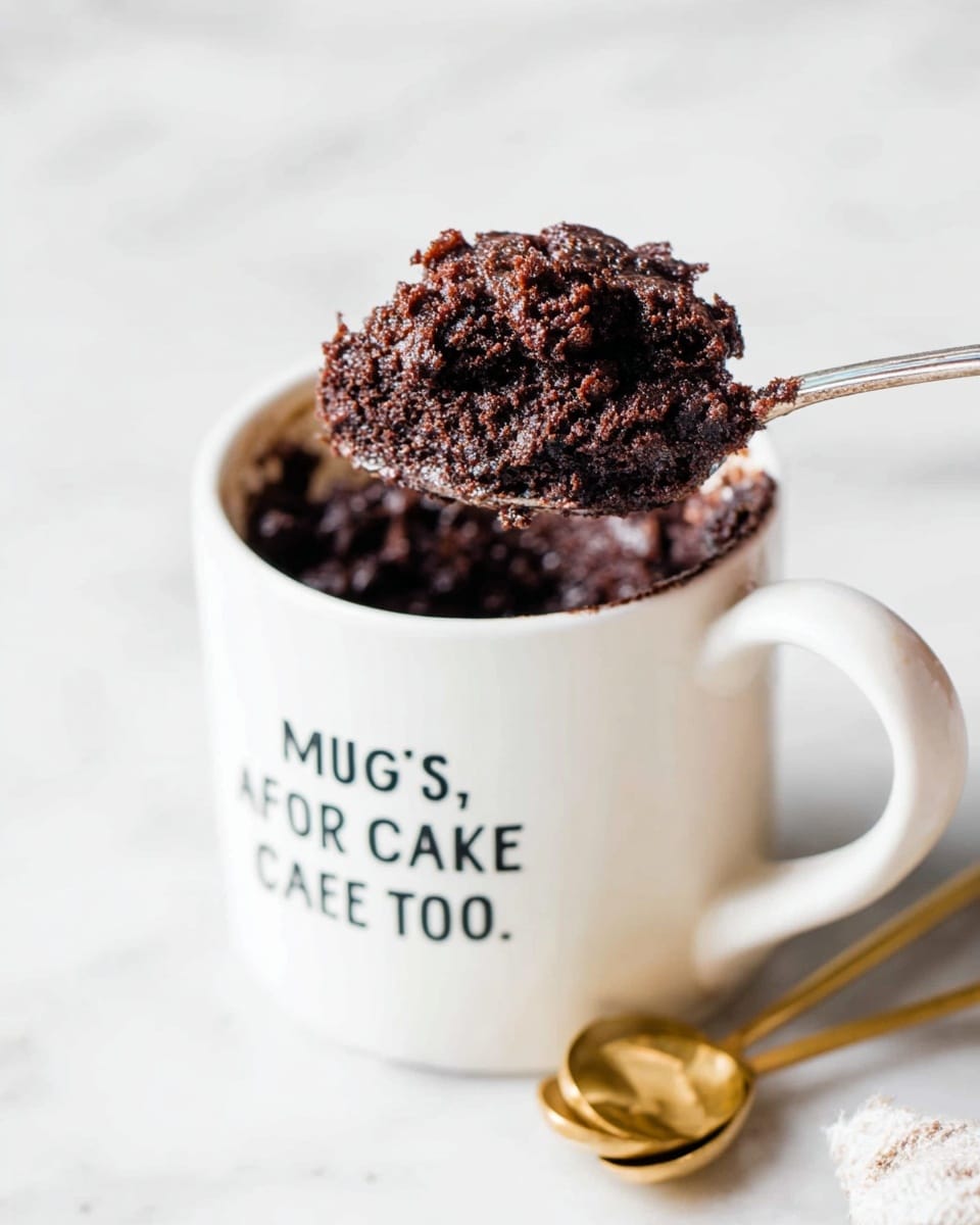 A close-up view of a white mug filled with thick, dark brown chocolate cake batter that has a slightly grainy texture. The top layer shows melted chocolate pooling in the center with some batter stuck on the sides of the mug. A silver spoon is placed inside the mug, partially mixing the batter. Below the mug, on a white marbled surface, there are four gold measuring spoons stacked together and a small pile of loose dark chocolate chips scattered nearby. photo taken with an iphone --ar 4:5 --v 7