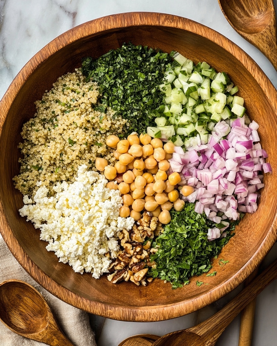 A large wooden bowl holds seven neatly arranged layers of ingredients in sections without mixing: light beige cooked quinoa on the left, dark green chopped herbs at the top, light green diced cucumber next to herbs, pale purple chopped red onion beside cucumber, light tan chickpeas in the center, brown chopped nuts next to chickpeas, white crumbled cheese at the bottom left, and bright green chopped parsley below cheese. The bowl sits on a white marbled surface with two wooden salad spoons visible on the right side. Photo taken with an iphone --ar 4:5 --v 7