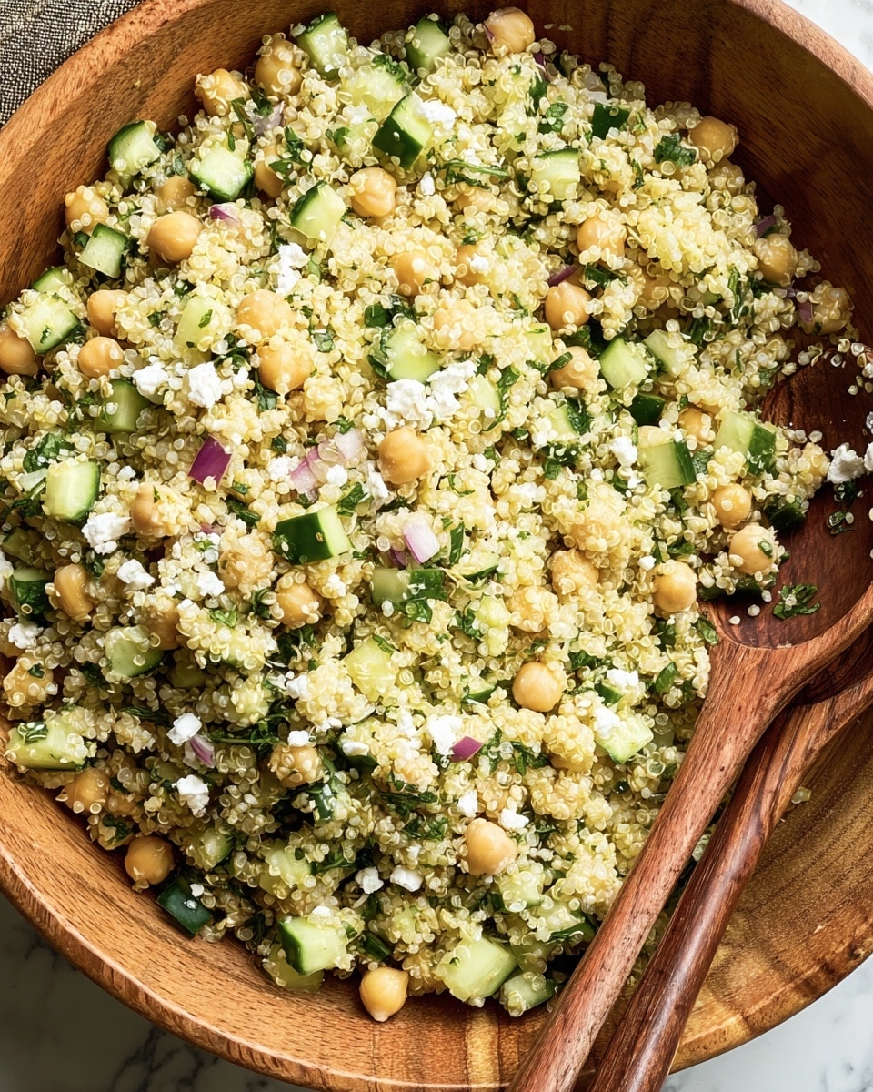 A large wooden bowl filled with a mixed quinoa salad that has a grainy texture and pale yellow color as its base layer, scattered with round, light beige chickpeas throughout. Small, fresh green cucumber cubes and finely chopped dark green herbs add vibrant color and texture on top. Tiny white chunks of cheese are spread evenly, and thin bits of purple onion add subtle bursts of color. Two wooden spoons are partially buried in the salad on the right side. The background is a white marbled surface. photo taken with an iphone --ar 4:5 --v 7